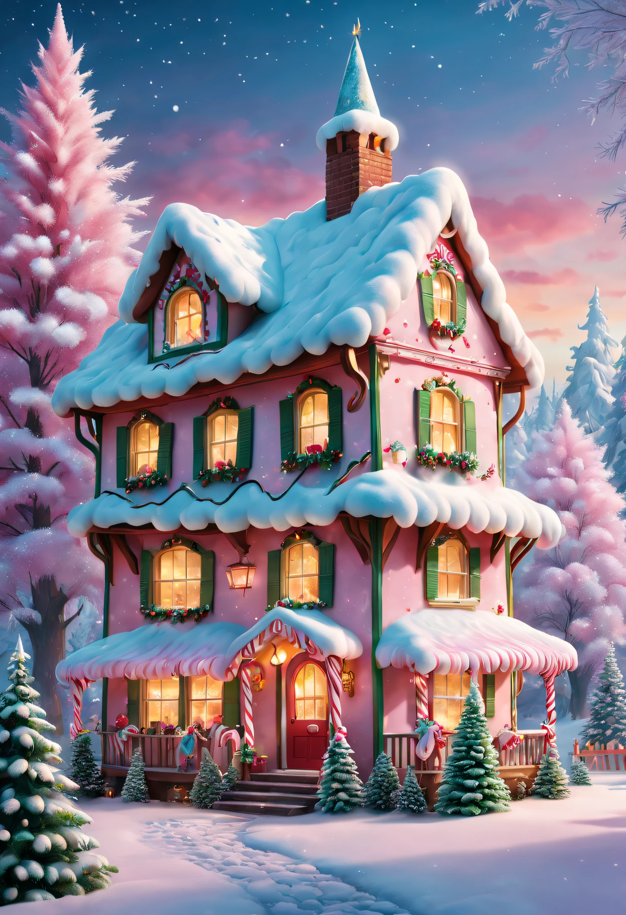 (Best quality at best,4K,8K,A high resolution,tmasterpiece:1.2),ultra - detailed,(actual,photoactual,photo-actual:1.37), Fluffy Marshmallow Christmas Tree House, vivd colour, Fantastical Atmosphere, Winter wonderland, whimsical decorations, sugar coated candies, Sparkling fairy lights, magical snowfall, Joyous festivals, Joyful laughter, Charming jewelry, candy cane pillar, sugary icicles, glittering tinsel, Candy themed stockings, Fluffy Marshmallow Snow, Sparkling sugar crystals, Cozy fireplace, Warm and inviting light, snow landscape, children singing carols, There are sparkling stars on it, The delicious aroma of hot cocoa, Happy children gathered together, festive atmosphere, Marshmallow Charm, sugar coated dream, Looking forward to the gift with joy, Cozy corner with soft cushions, Dessert and Delight, Sugar Plum Fairy Dancing, There are colorful gifts under the tree, Indulgent Holiday Candy, Marshmallow cloud surrounds the house, Delicate snowflakes are falling on the window, magic in the air, Santa&#39;s Secret Hideout, Face full of surprise and excitement.