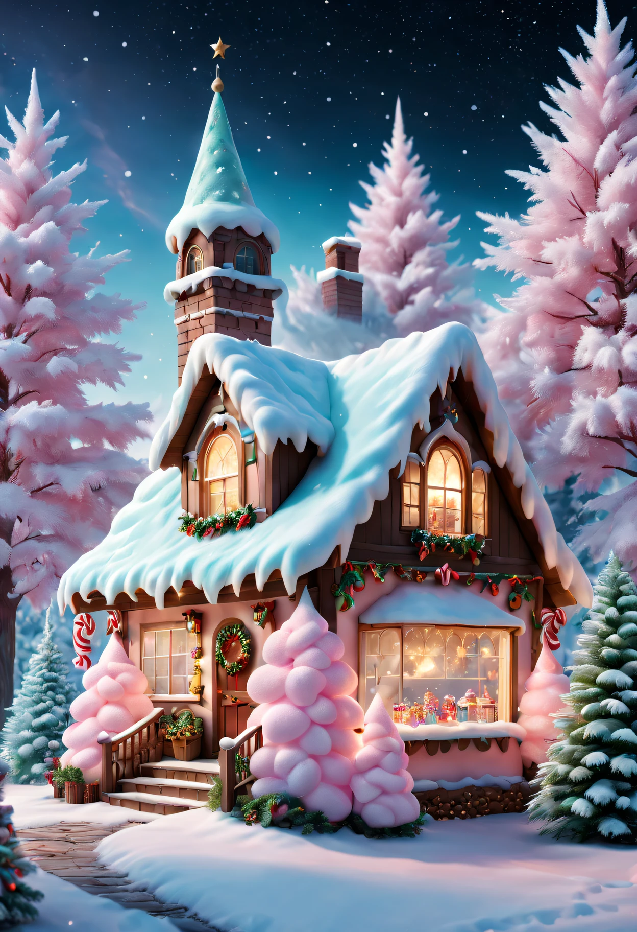(Best quality at best,4K,8K,A high resolution,tmasterpiece:1.2),ultra - detailed,(actual,photoactual,photo-actual:1.37), Fluffy Marshmallow Christmas Tree House, vivd colour, Fantastical Atmosphere, Winter wonderland, whimsical decorations, sugar coated candies, Sparkling fairy lights, magical snowfall, Joyous festivals, Joyful laughter, Charming jewelry, candy cane pillar, sugary icicles, glittering tinsel, Candy themed stockings, Fluffy Marshmallow Snow, Sparkling sugar crystals, Cozy fireplace, Warm and inviting light, snow landscape, children singing carols, There are sparkling stars on it, The delicious aroma of hot cocoa, Happy children gathered together, festive atmosphere, Marshmallow Charm, sugar coated dream, Looking forward to the gift with joy, Cozy corner with soft cushions, Dessert and Delight, Sugar Plum Fairy Dancing, There are colorful gifts under the tree, Indulgent Holiday Candy, Marshmallow cloud surrounds the house, Delicate snowflakes are falling on the window, magic in the air, Santa&#39;s Secret Hideout, Face full of surprise and excitement.