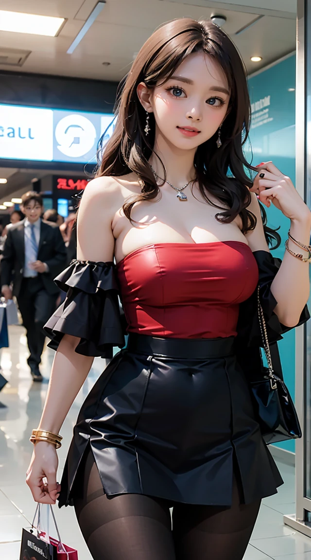 (masterpiece, best quality), pixel art, perfect slim fit body, huge breasts, wavy hair, bracelet, necklace, strapless tube top, miniskirt, pantyhose, shopping mall