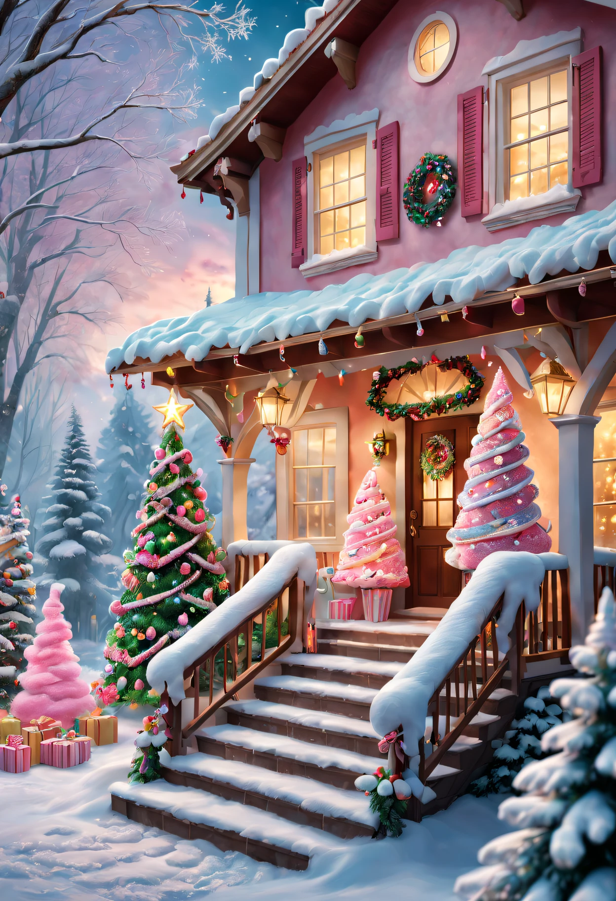 (Best quality at best,4K,8K,A high resolution,tmasterpiece:1.2),ultra - detailed,(actual,photoactual,photo-actual:1.37), Fluffy Marshmallow Christmas Tree House, vivd colour, Fantastical Atmosphere, Winter wonderland, whimsical decorations, sugar coated candies, Sparkling fairy lights, magical snowfall, Joyous festivals, Joyful laughter, Charming jewelry, candy cane pillar, sugary icicles, glittering tinsel, Candy themed stockings, Fluffy Marshmallow Snow, Sparkling sugar crystals, Cozy fireplace, Warm and inviting light, snow landscape, children singing carols, There are sparkling stars on it, The delicious aroma of hot cocoa, Happy children gathered together, festive atmosphere, Marshmallow Charm, sugar coated dream, Looking forward to the gift with joy, Cozy corner with soft cushions, Dessert and Delight, Sugar Plum Fairy Dancing, There are colorful gifts under the tree, Indulgent Holiday Candy, Marshmallow cloud surrounds the house, Delicate snowflakes are falling on the window, magic in the air, Santa&#39;s Secret Hideout, Face full of surprise and excitement.