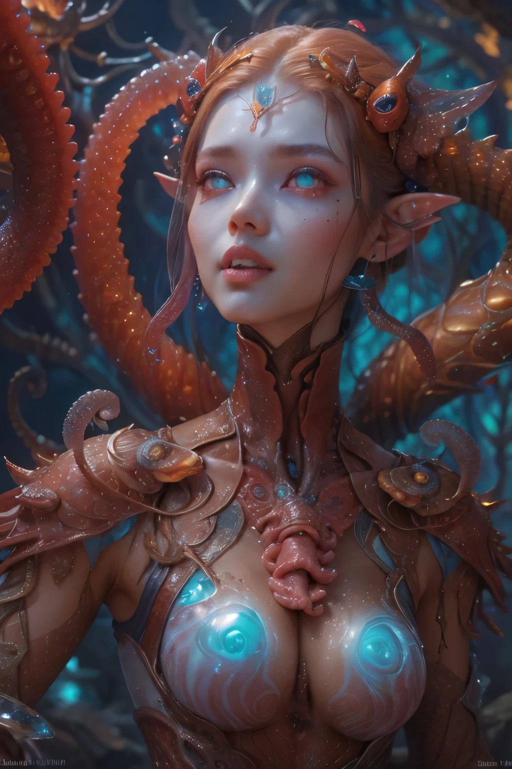Portrait, (beautiful female alien:1.2), (There is a female genital-like organ in the middle of the forehead.:1.8), (The most beautiful face in the history of the universe:1.2), (Glowing scarlet eyes:1.6), (Translucent pale skin:1.8), an evil gaze that seduces , (red eyes:1.5), Full body like, (Sexypose:1.5), alien, No humans, cells are fused, (Lots of translucent Blue tentacles:1.1), extraterrestrial, cell, bio image, (zenTangle, mandalas, Tangle, enTangle:0.98),(Fractal Art:0.9)(fluttered detailed color splashes:1.1),(marbling:1.1), (Vulgarity:1.15), (Sexy:1.4), sweet breath, a sultry, ((Ecstasy:1.6)), Best Quality, 8K,4K_quality, High Definition, Dramatic Lighting, masutepiece:1.5,cinematic quality, detail up, (Intricate details:1.2), High resolution, High Definition, drawing faithfully, (Thick eyebrows:1.2), Beautiful eyes with fine symmetry, (Highly detailed face and eyes:1.2), (High-resolution red-eye:1.4), Intimate face, (Super detailed skin quality feeling:1.4), Perfect Anatomy, (Beautiful toned body:1.5), (Moist skin:1.2), No makeup, (dark circles:1.1), long canines, cinematic drawing of characters, ultra high quality model, cinematic quality, detail up, (Intricate details:1.2), High resolution, High Definition, drawing faithfully, Official art, Unity 8K wall , 8K Portrait, Best Quality, Very High resolution, ultra detailed artistic photography, midnight aura, unreal enginee 5, Ultra Sharp Focus, art by alberto seveso, ArtGerm, Roisch, intricate artwork, Medusa, best quality, masutepiece, ultra High resolution, (photos realistic:1.4), Ultra-realistic realism, dream-like, nautilus, Creation of fantasy, Snail, Dream Snail, (biopunk nautilus:1.4), Thrilling color schemes, Ultra-realistic realism, seductively smiling, Blue tentacles