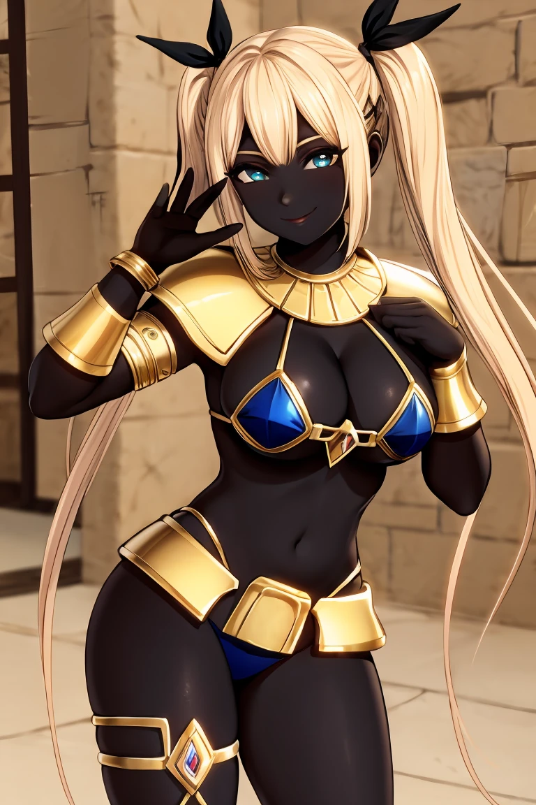 (colored skin, black skin:1.2), indoors, stone walls, egyptian, marie rose, blonde twintails, large breasts, bikini armor, smiling, looking at viewer