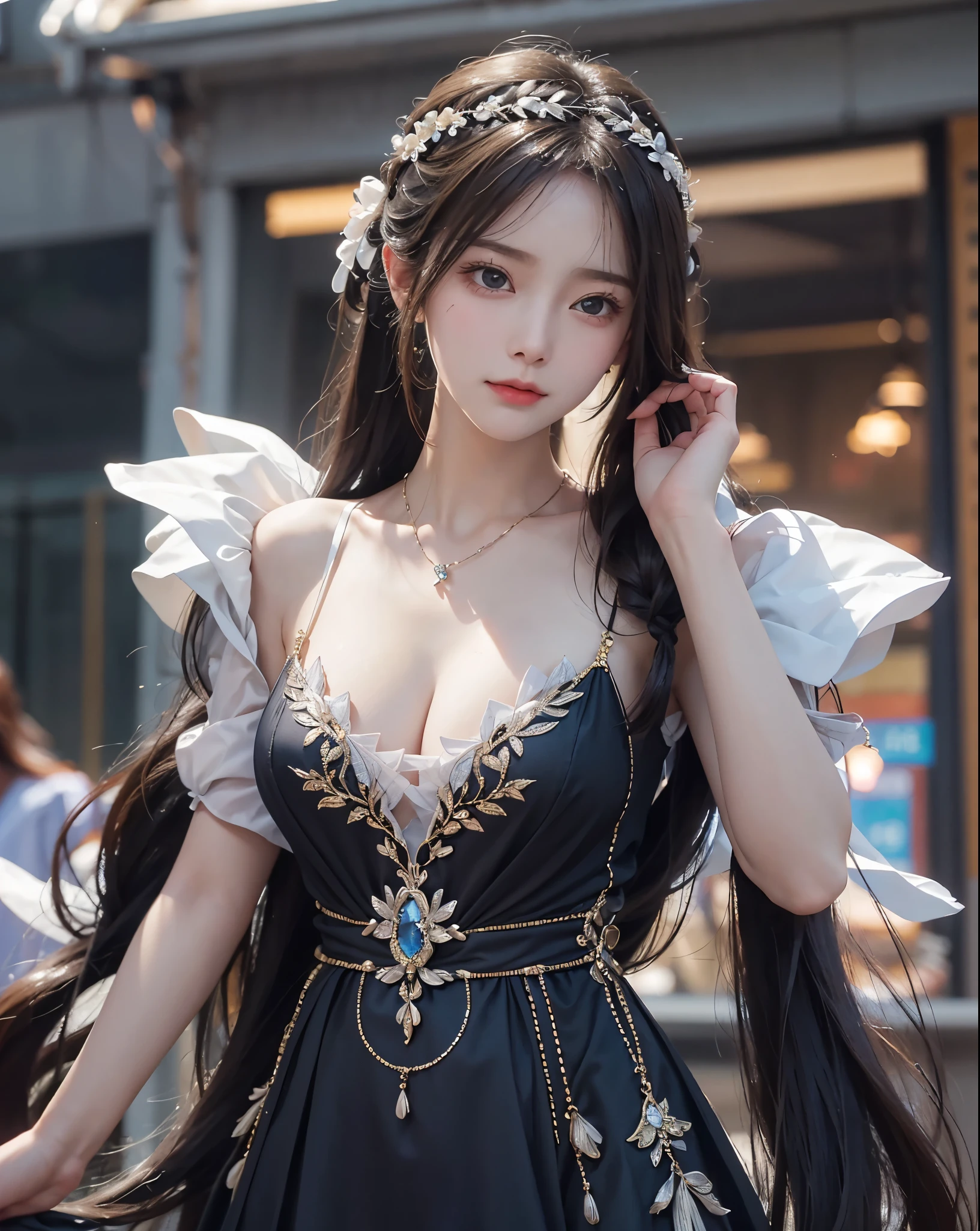 8k RAW photo、Photorealsitic、Film grain noise、Soft Cinematic Lights、1girl in、、Fine detailed face、Five Fingers、length hair、ample boobs、Graceful pose、Clothing with intricate details、cleavage of the breast、a necklace、耳环、hair adornments