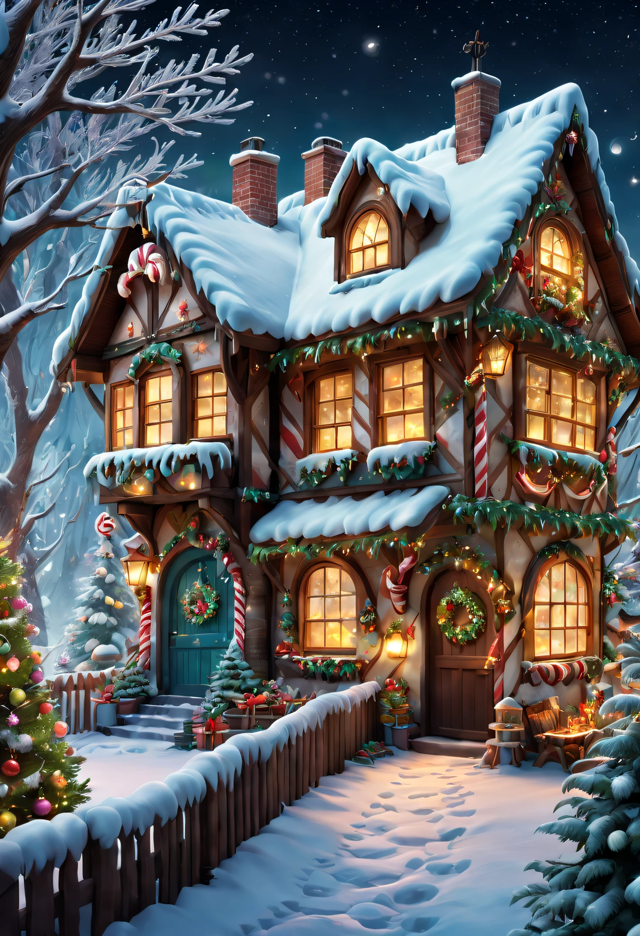 (Best quality at best,4K,A high resolution,tmasterpiece:1.2),ultra - detailed,(actual:1.37),(Colorful,bright),Fairytale,Marshmallow Christmas Tree House,Snow-covered roof,Sweet dream,candy cane fence,gingerbread window,Delightful decoration,Fluffy clouds,smoke from chimney,sparkling sprinkles,magical lighting,Cozy fireplace,whimsical decorations,Lush greenery,Winter wonderland,festive atmosphere,enchanting landscape,joyful celebration,starry night sky,Overflowing gifts,Joyful laughter,warmth and happiness,playful snowflakes,firefly light,frozen icicles,Precious memories,A cozy paradise,merry and bright,delicate snowflakes,an enchanted forest,dazzling colors,creative imagination,Christmas spirit,Comfortable and welcoming,sweetness of sugar,Delicious food,sweet heaven,playful decorations.