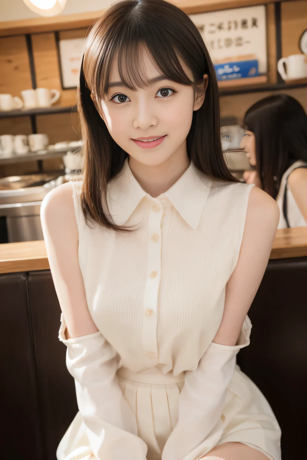 8K raw photos、hight resolution、Japan at the age of 18、beautiful eyes finely detailed、long eyelasher、beautiful double eyelid、eye line、Slender eyes、elongated eye shape、Sansakumaru'Legally thin and beautiful thighs、Random long hair、A smile、girly style costumes、Black mini skirt、Cowboy Shot、Black stockings、enjoy at cafe