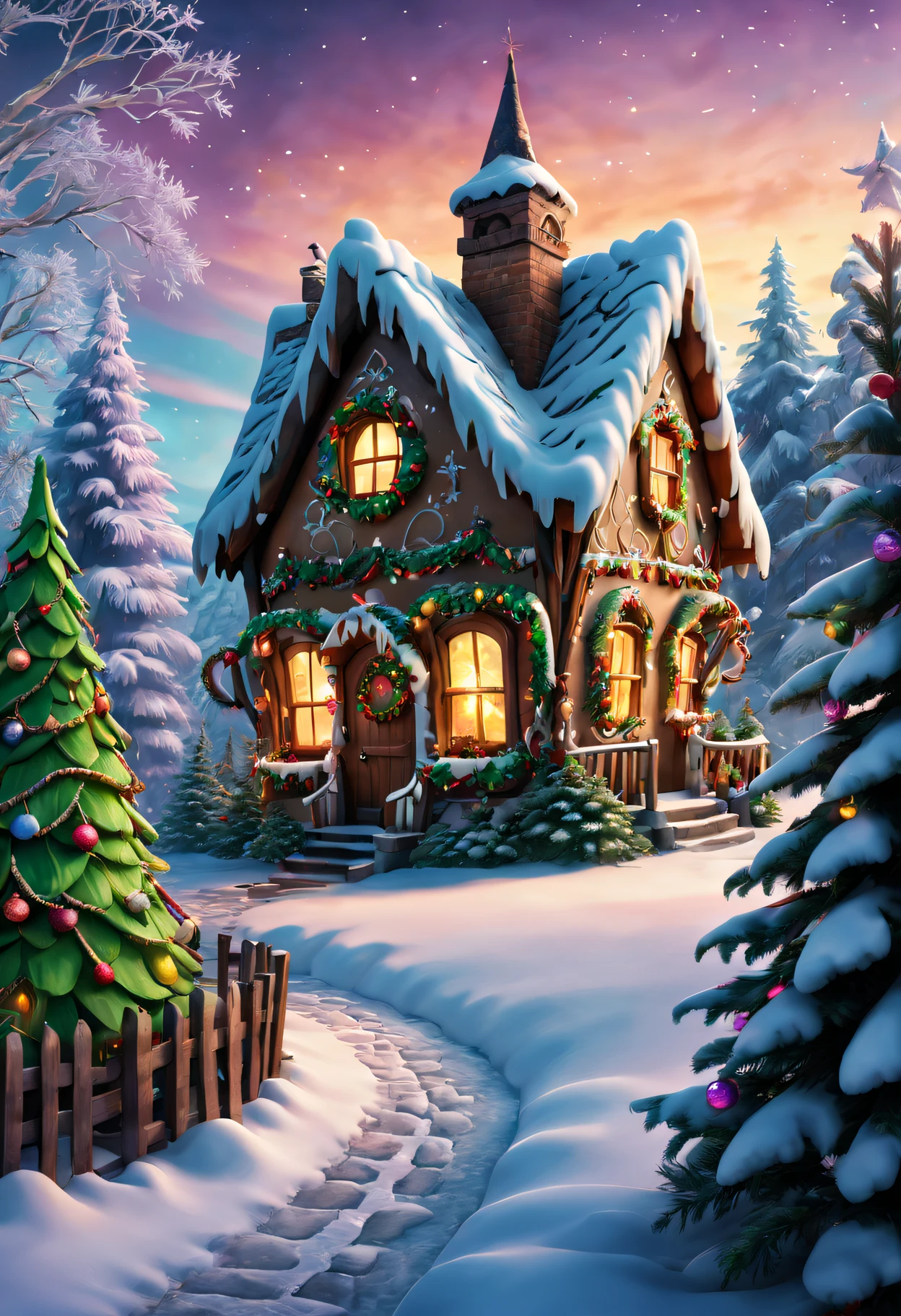 (Best quality at best,4K,A high resolution,tmasterpiece:1.2),ultra - detailed,(actual:1.37),(Colorful,bright),Fairytale,Marshmallow Christmas Tree House,Snow-covered roof,Sweet dream,candy cane fence,gingerbread window,Delightful decoration,Fluffy clouds,smoke from chimney,sparkling sprinkles,magical lighting,Cozy fireplace,whimsical decorations,Lush greenery,Winter wonderland,festive atmosphere,enchanting landscape,joyful celebration,starry night sky,Overflowing gifts,Joyful laughter,warmth and happiness,playful snowflakes,firefly light,frozen icicles,Precious memories,A cozy paradise,merry and bright,delicate snowflakes,an enchanted forest,dazzling colors,creative imagination,Christmas spirit,Comfortable and welcoming,sweetness of sugar,Delicious food,sweet heaven,playful decorations.