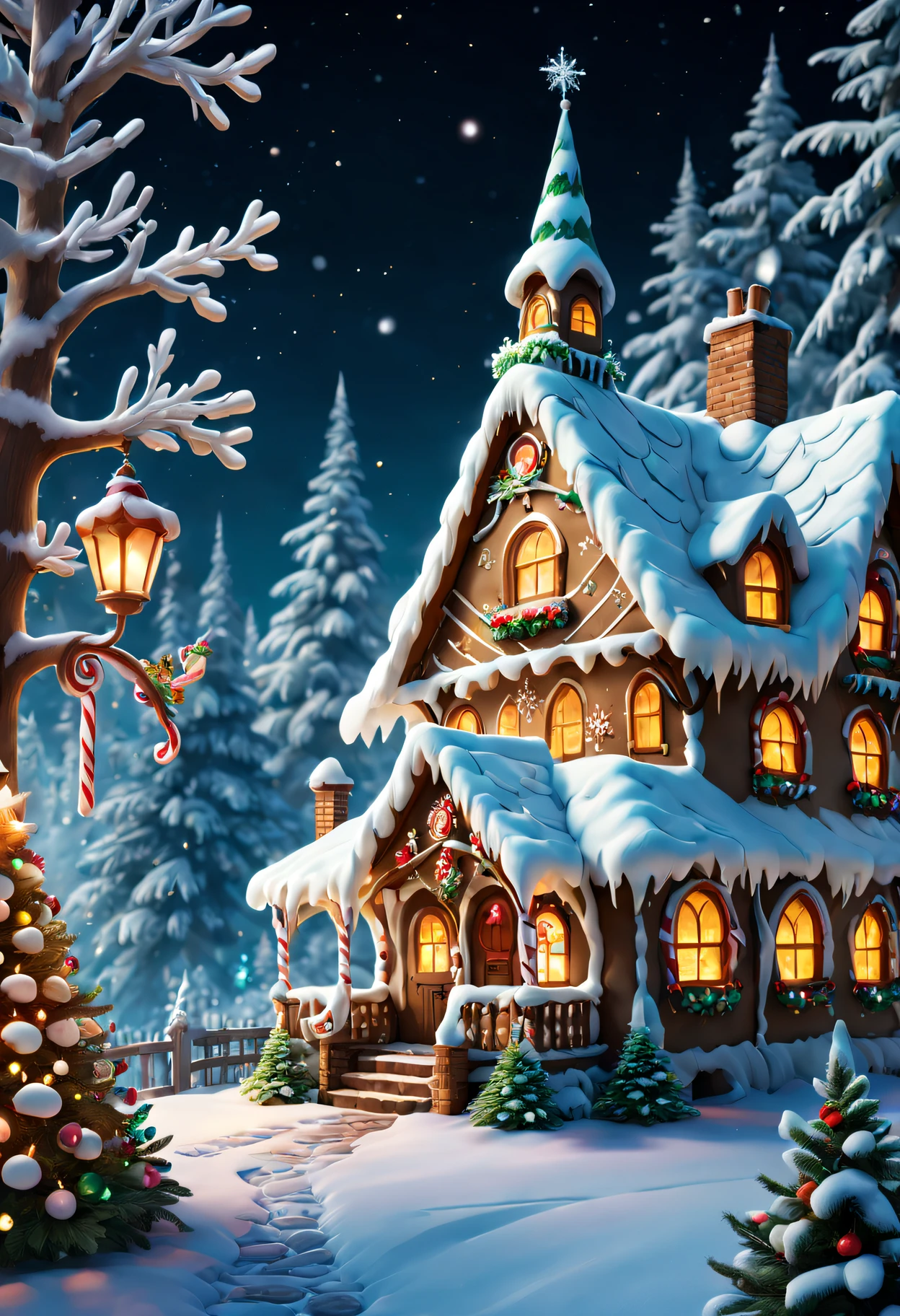 (Best quality at best,4K,A high resolution,tmasterpiece:1.2),ultra - detailed,(actual:1.37),(Colorful,bright),Fairytale,Marshmallow Christmas Tree House,Snow-covered roof,Sweet dream,candy cane fence,gingerbread window,Delightful decoration,Fluffy clouds,smoke from chimney,sparkling sprinkles,magical lighting,Cozy fireplace,whimsical decorations,Lush greenery,Winter wonderland,festive atmosphere,enchanting landscape,joyful celebration,starry night sky,Overflowing gifts,Joyful laughter,warmth and happiness,playful snowflakes,firefly light,frozen icicles,Precious memories,A cozy paradise,merry and bright,delicate snowflakes,an enchanted forest,dazzling colors,creative imagination,Christmas spirit,Comfortable and welcoming,sweetness of sugar,Delicious food,sweet heaven,playful decorations.
