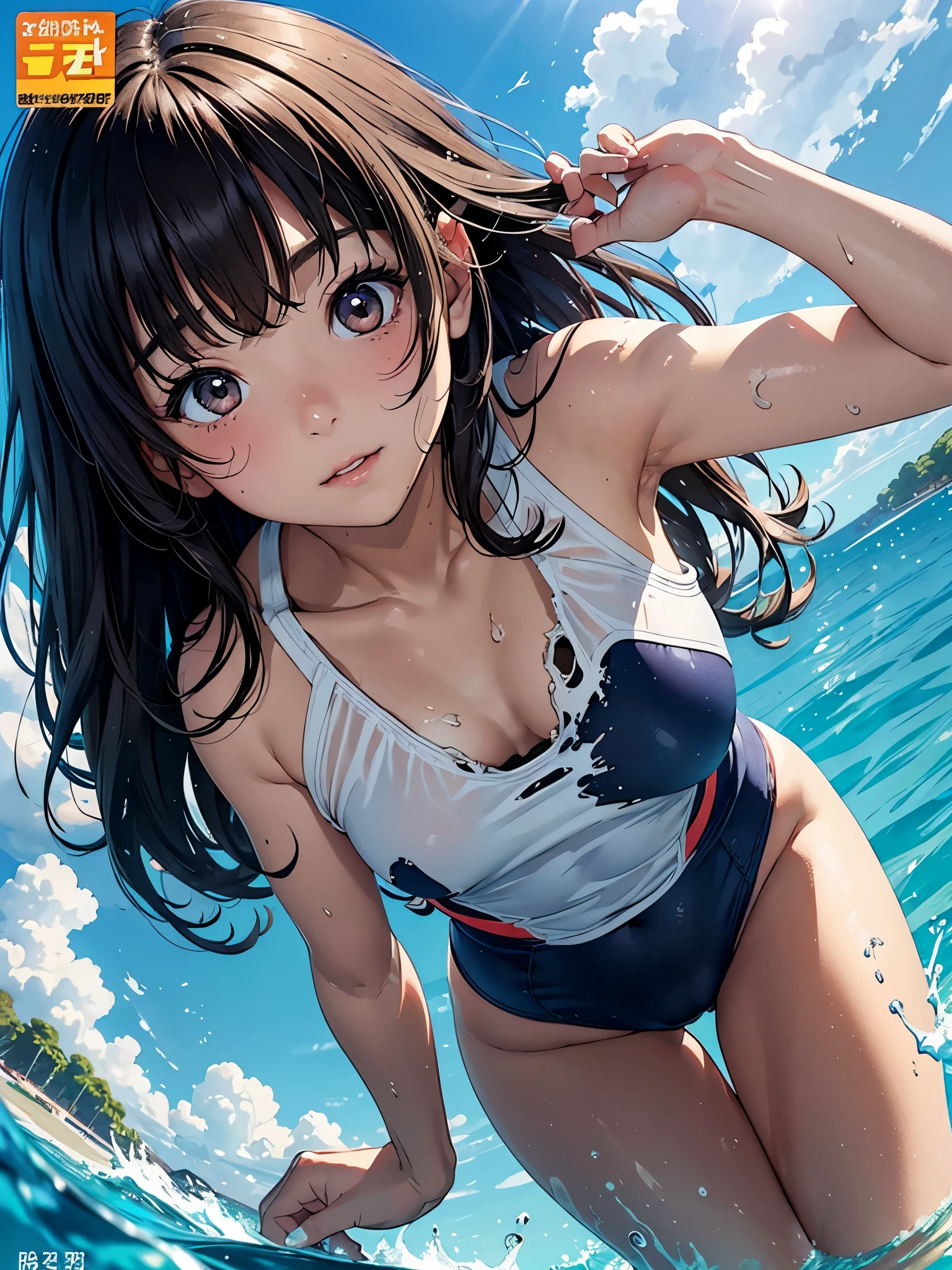(Superflat, Flat Shading, flat-colors:1.1)、(Magazine Cover)、Illustrations、(1 Asian Girl)、(cute little:1.2)、Very beautiful  cartoon girl、Great smile、cheeks are reddened、(High Detail Skin: 1.2)、photorealistic anime girl render、realistic anime 3 d style、cute littleボブカット、Beautiful brown hair、Intense black eyes、Strong highlights of the eyes、(A detailed、Very large breasts)、Perfect Anatomy、hair messy、Old Style School Swimwear、((Torn and tattered school swimsuit))、White School Swimsuit、((Wet with water))、From below、((from the front side))、Showing off school swimsuit、School swimsuit with small area、Angle from your feet、Angle from below、((Angle looking up from below、Crotch show off))、Volumetric lighting、Soft light、Bright、neons、Vibrant colors、watercolor paiting、