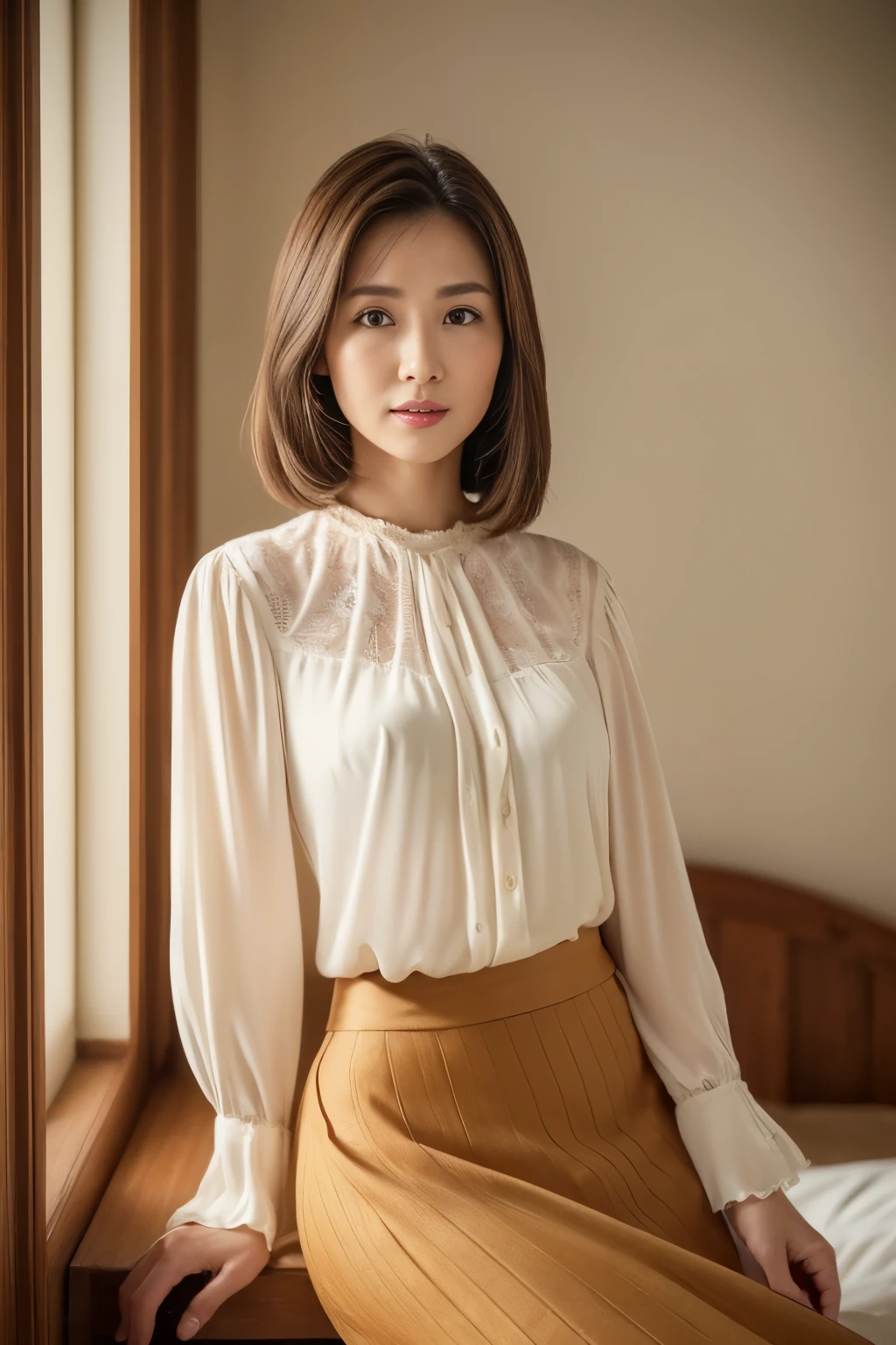 masuter piece, top-quality, ​masterpiece, hight resolution, Photorealsitic, Raw photography, 8k wallpaper, flawless, profetional lighting, ighly detailed, depth of fields, ((One beautiful woman)), ((30 year old woman sexy, bedroom, ((blouse, tight skirts,)), ((See the viewer's eyes)), Detailed face, beautidful eyes, (Sit in a good posture), bangss, small breasts of good shape, Light Brown Straight Hair, Faint lips,cowboy  shot