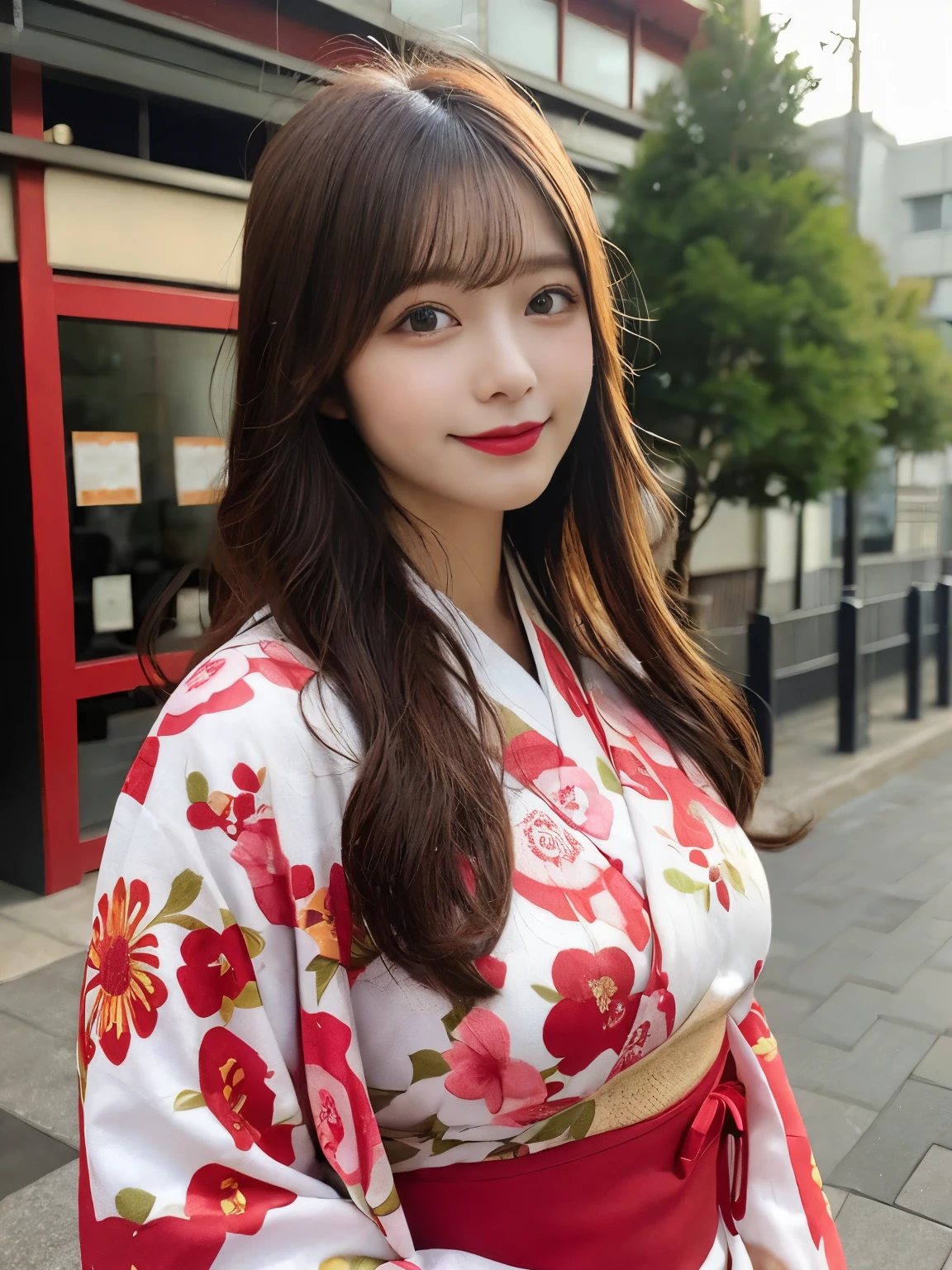 masutepiece, Best Quality, Illustration, Ultra-detailed, finely detail, hight resolution, 8K Wallpaper, Perfect dynamic composition, Beautiful detailed eyes, She wears a red kimono,Medium Hair,Natural Color Lip, Bold sexy poses,Smile,Harajuku、20 years girl、Cute、Sexy shot looking at camera、C Cup、Brown hair、cacique#39;s face、Blurred shrine background