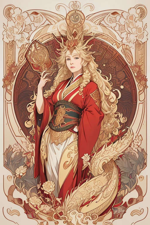 Portrait of a Japanese dragon dressed in gold , long curly hair, blond, Floral frame, red clothing、Decorative panel, Description Artistic, By Alphonse Mucha, (masutepiece, Best Quality, hight resolution:1.4), Detailed, Intricate details, 4K, color splashes, line-drawing, Fibonacci, Alphonse Mucha in the form of a tarot card