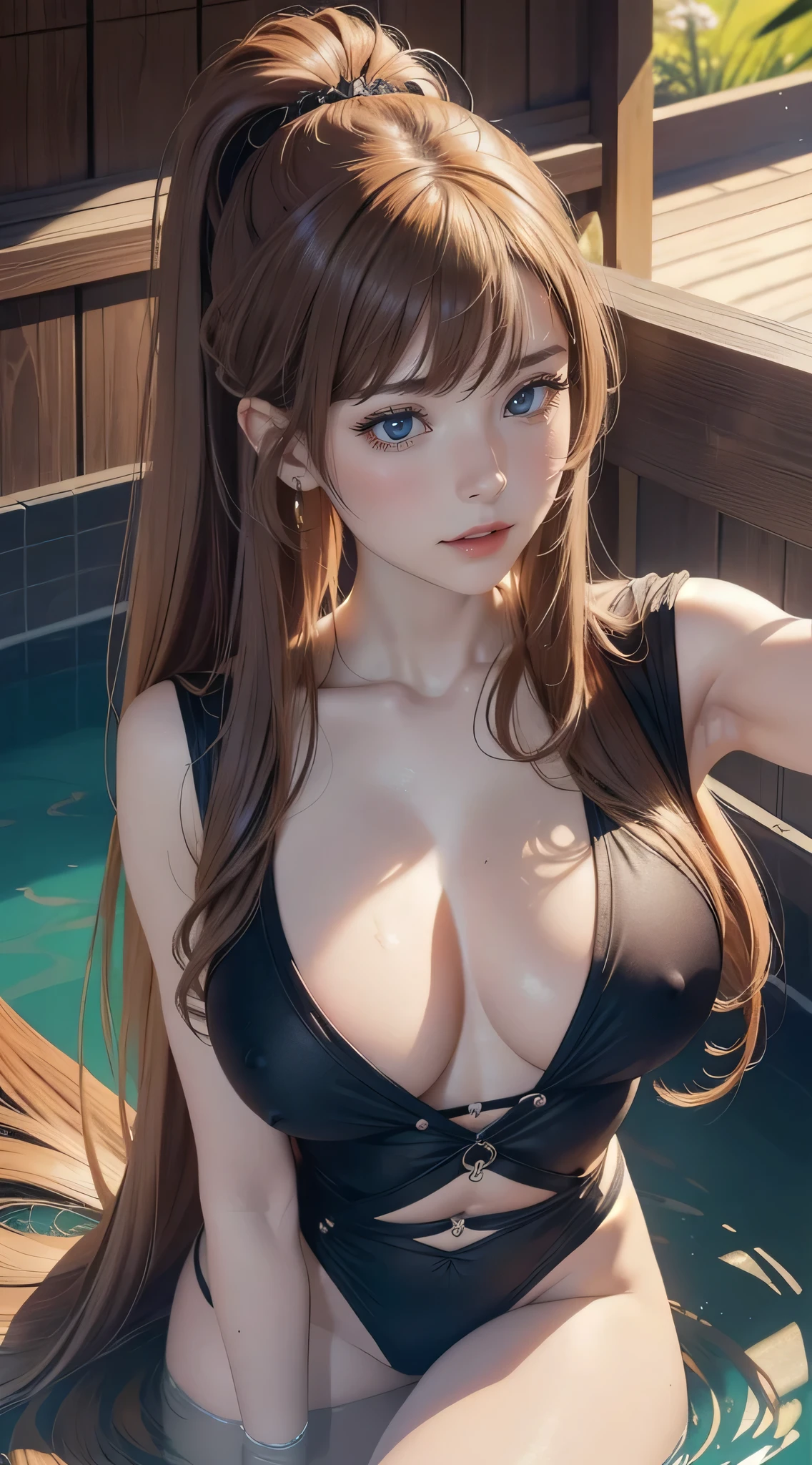 From  above,Over Head Shot,Onsen,(Lying),(on  back),1girl in,(Ultra detailed skin),Curve,Petite,Beautiful breasts,(Large breasts),pale skin,pointed breast,Erect nipples,(Fantasy Art,Highest image quality,Hyperrealist portrait,(8K),Ultra-realistic,Best Quality, High quality, High Definition, High quality texture,high detailing,Beautiful detailed,fine detailed,extremely details CG,Detailed texture,realistic representation of face,masutepiece,presence,Dynamic,Bold),Ponytail,(super thin hair),(ultra soft hair),(ultra straight hair:1.5),Swept long bangs,Extra bright coppery amber hair,Hair over one eye,Clothed,Baggy T-shirt,Swimsuit