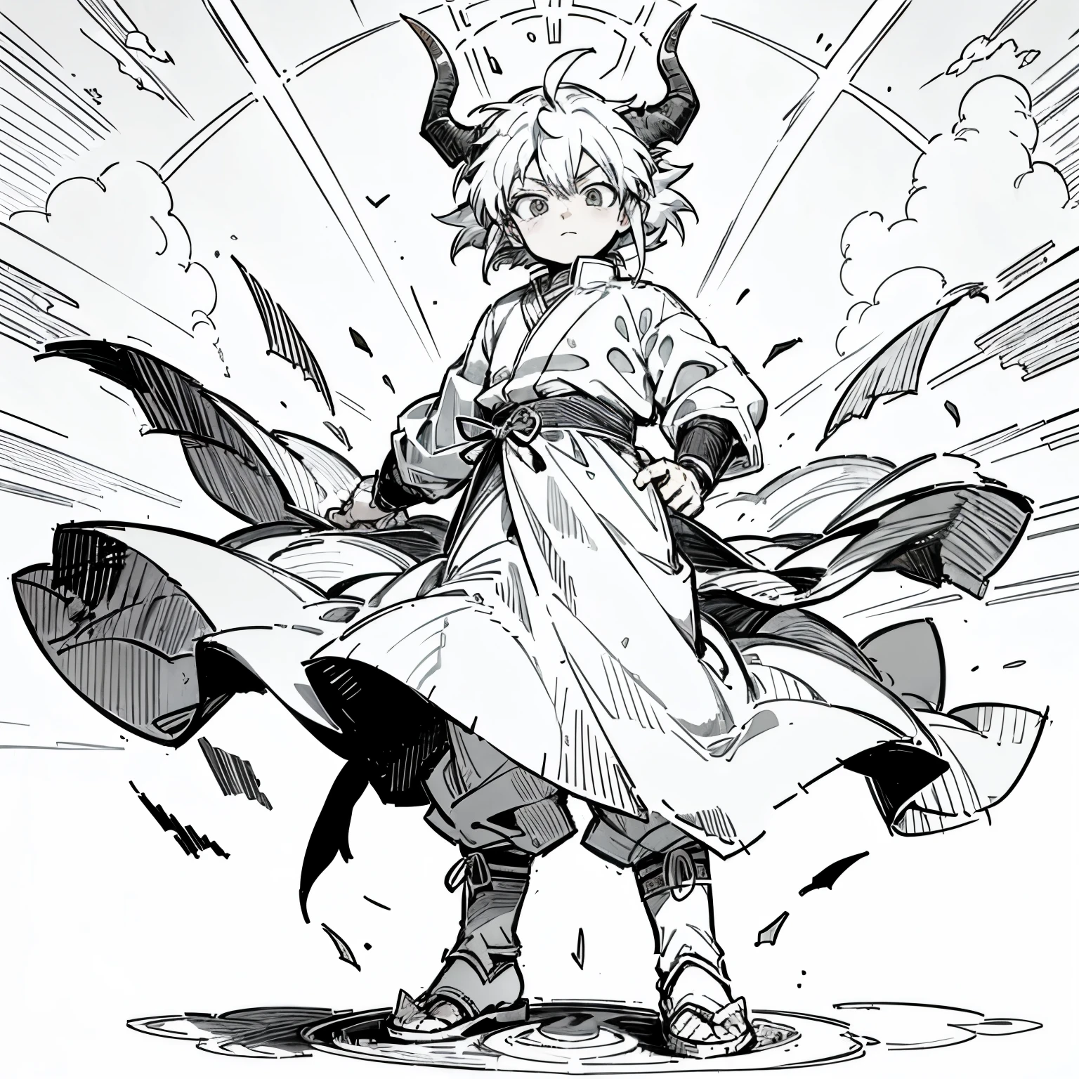 Grey Hair , Hazel Eyes , Gon Hair , Messy Hair , Young Male , Ox Horns , Bull Horns , White Martial Arts Clothing , Standing in a stone arena , Young Male , Child , Akira Toriyama , Serious Expression , 1male , Wild Planes Background