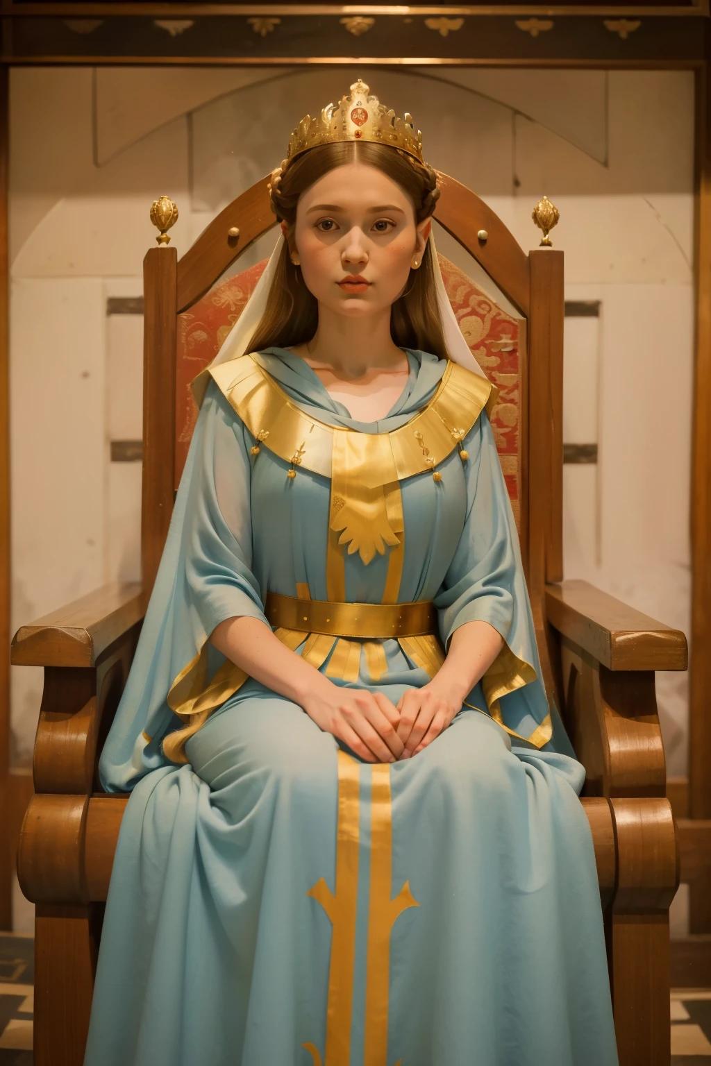 1141, Winchester, England. otherworldly scene in a medieval court, ((((38-year-old)) Empress Maud of England)))) in her throne, ((((tunic gown from the 12th century)))), ((Hairstyle of the 12th century)), ((Wes Anderson cinematic style)), colorful