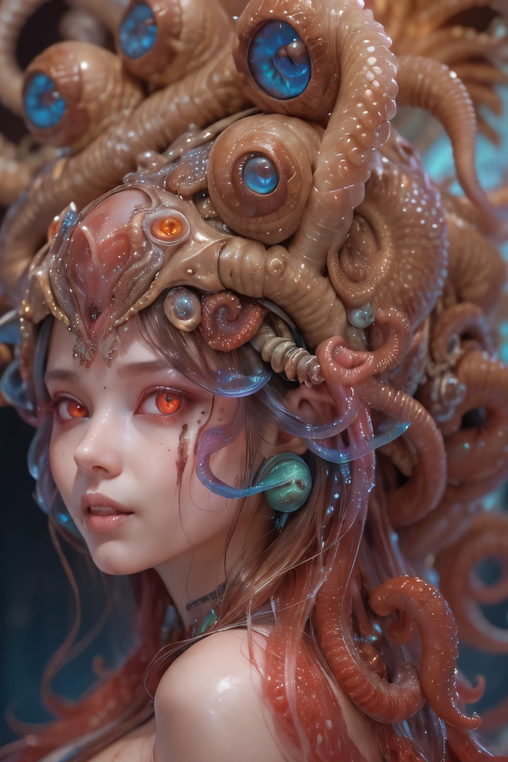 Portrait, (beautiful female alien:1.2),  (There is a female genital-like organ in the middle of the forehead.:1.8), (The most beautiful face in the history of the universe:1.2), (Glowing scarlet eyes:1.6), (Translucent pale skin:1.8), an evil gaze that seduces , (red eyes:1.5), Full body like, (Sexypose:1.5), alien, No humans, cells are fused, (Lots of translucent Blue tentacles:1.1), extraterrestrial, cell, bio image, (zenTangle, mandalas, Tangle, enTangle:0.98),(Fractal Art:0.9)(fluttered detailed color splashes:1.1),(marbling:1.1), (Vulgarity:1.15), (Sexy:1.4), sweet  breath, a sultry, ((Ecstasy:1.6)), Best Quality, 8K,4K_quality, High Definition, Dramatic Lighting, masutepiece:1.5,cinematic quality, detail up, (Intricate details:1.2), High resolution, High Definition, drawing faithfully, (Thick eyebrows:1.2), Beautiful eyes with fine symmetry, (Highly detailed face and eyes:1.2), (High-resolution red-eye:1.4), Intimate face, (Super detailed skin quality feeling:1.4), Perfect Anatomy,  (Beautiful toned body:1.5),  (Moist skin:1.2), No makeup, (dark circles:1.1), long canines, cinematic drawing of characters, ultra high quality model, cinematic quality, detail up, (Intricate details:1.2), High resolution, High Definition, drawing faithfully, Official art, Unity 8K wall  , 8K Portrait, Best Quality, Very High resolution, ultra detailed artistic photography, midnight aura,  unreal enginee 5, Ultra Sharp Focus, art by alberto seveso, ArtGerm, Roisch, intricate artwork, Medusa, best quality, masutepiece, ultra High resolution, (photos realistic：1.4), Ultra-realistic realism, dream-like,  nautilus, Creation of fantasy, Snail, Dream Snail,  (biopunk nautilus:1.4), Thrilling color schemes， Ultra-realistic realism， seductively smiling, Blue tentacles