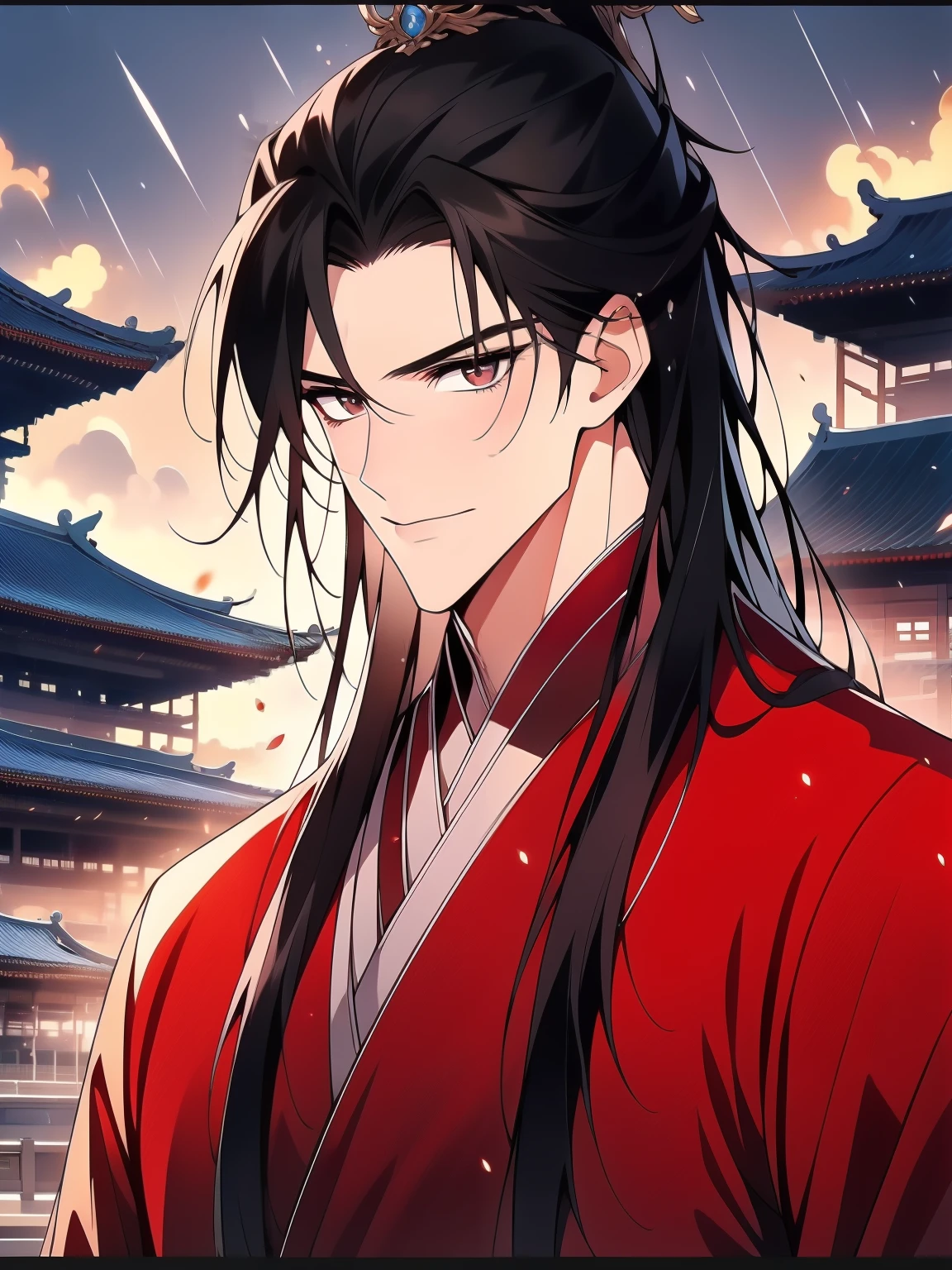 Best quality at best，tmasterpiece，16k,Man dressed in black，Pay attention to beautiful Chinese style clothes，natta，rays of moonlight，Asian architecture，Elaborate Eyes，Detailed faces，