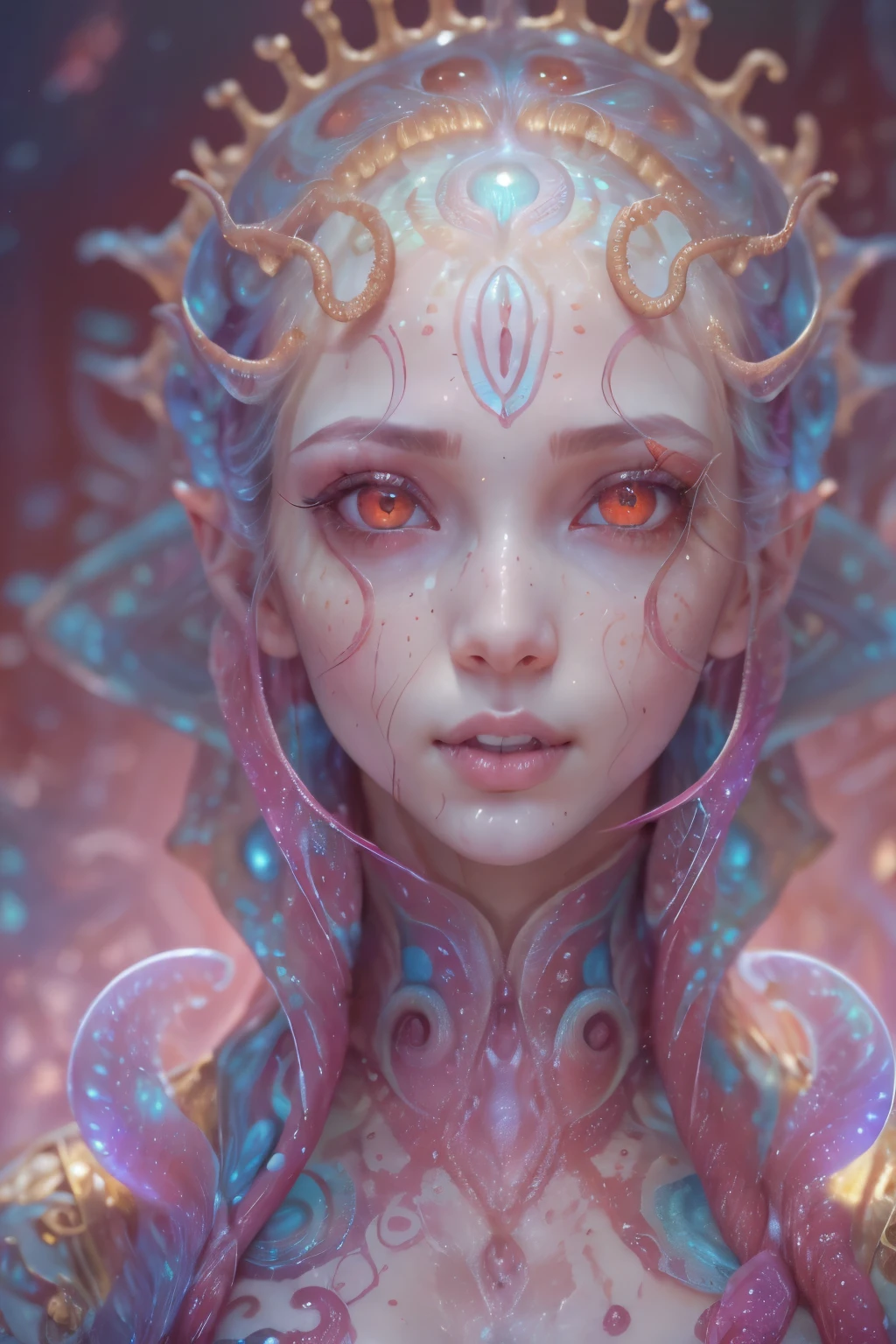 Portrait, (beautiful female alien:1.2), (There is a female genital-like organ in the middle of the forehead.:1.8), (The most beautiful face in the history of the universe:1.2), (Glowing scarlet eyes:1.6), (Translucent pale skin:1.8), an evil gaze that seduces , (red eyes:1.5), Full body like, (Sexypose:1.5), alien, No humans, cells are fused, (Lots of translucent Blue tentacles:1.1), extraterrestrial, cell, bio image, (zenTangle, mandalas, Tangle, enTangle:0.98),(Fractal Art:0.9)(fluttered detailed color splashes:1.1),(marbling:1.1), (Vulgarity:1.15), (Sexy:1.4), sweet breath, a sultry, ((Ecstasy:1.6)), Best Quality, 8K,4K_quality, High Definition, Dramatic Lighting, masutepiece:1.5,cinematic quality, detail up, (Intricate details:1.2), High resolution, High Definition, drawing faithfully, (Thick eyebrows:1.2), Beautiful eyes with fine symmetry, (Highly detailed face and eyes:1.2), (High-resolution red-eye:1.4), Intimate face, (Super detailed skin quality feeling:1.4), Perfect Anatomy, (Beautiful toned body:1.5), (Moist skin:1.2), No makeup, (dark circles:1.1), long canines, cinematic drawing of characters, ultra high quality model, cinematic quality, detail up, (Intricate details:1.2), High resolution, High Definition, drawing faithfully, Official art, Unity 8K wall , 8K Portrait, Best Quality, Very High resolution, ultra detailed artistic photography, midnight aura, unreal enginee 5, Ultra Sharp Focus, art by alberto seveso, ArtGerm, Roisch, intricate artwork, Medusa, best quality, masutepiece, ultra High resolution, (photos realistic:1.4), Ultra-realistic realism, dream-like, nautilus, Creation of fantasy, Snail, Dream Snail, (biopunk nautilus:1.4), Thrilling color schemes, Ultra-realistic realism, seductively smiling, Blue tentacles