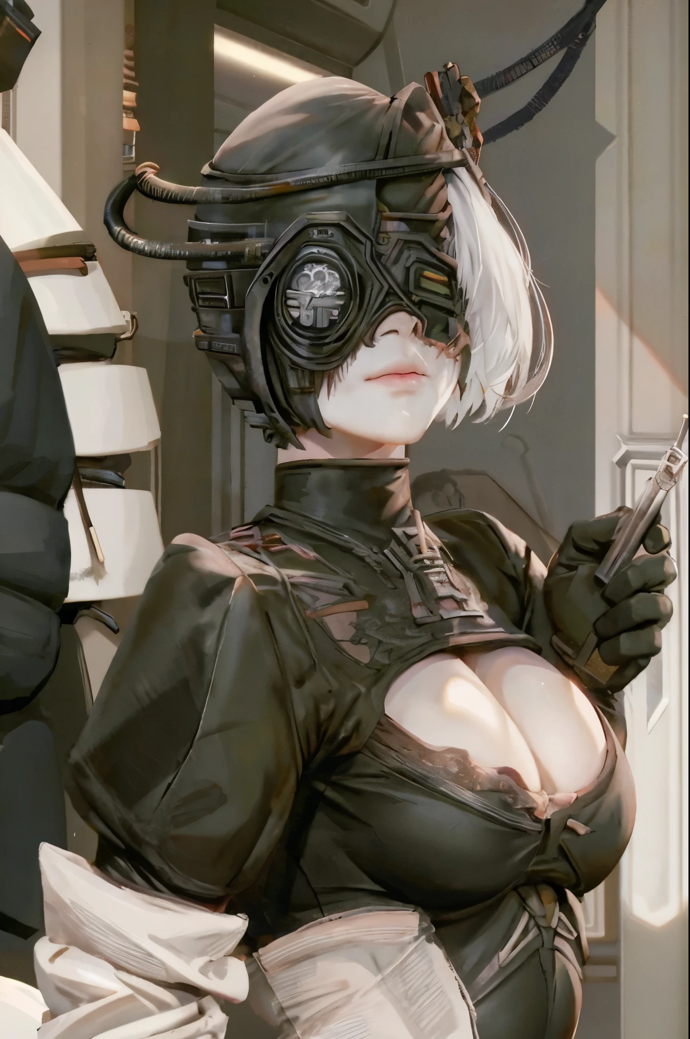 borg cyborg bald gray skin veins metal armor cable eyepatch n_2b
blindfold, black blindfold, large breasts