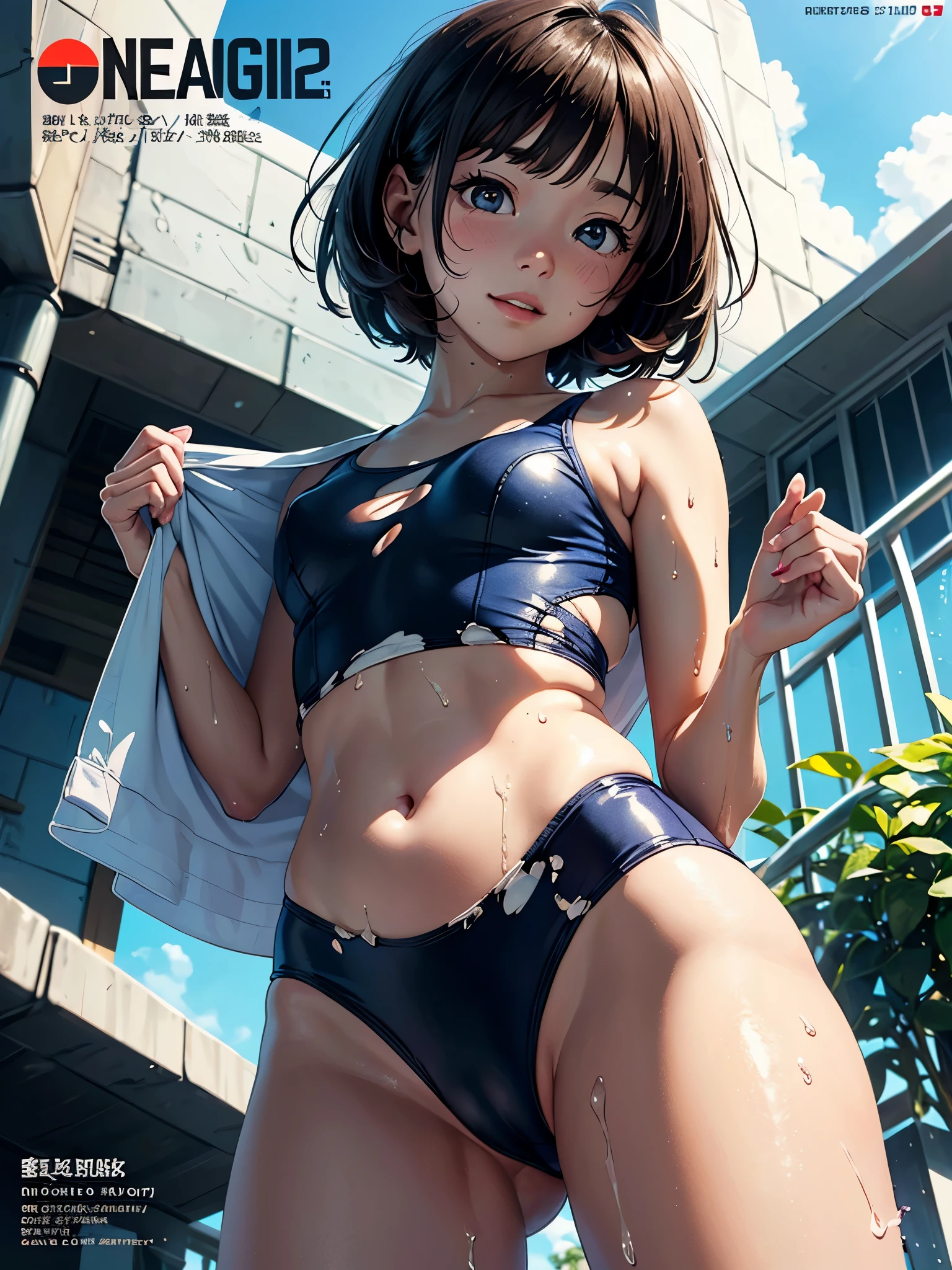 (Superflat, Flat Shading, flat-colors:1.1)、(Magazine Cover)、Illustrations、(one asian boyish girl)、(cute little:1.2)、very beautiful cartoon girl、Great smile、cheeks are reddened、(High Detail Skin: 1.2)、photorealistic anime girl render、realistic anime 3 d style、cute littleボブカット、Beautiful brown hair、Intense black eyes、Strong highlights of the eyes、(A detailed、medium chest)、Perfect Anatomy、hair messy、Old Style School Swimwear、((Torn and tattered school swimsuit))、White School Swimsuit、((Wet with water))、From below、((from the front side))、Showing off school swimsuit、School swimsuit with small area、Angle from your feet、Angle from below、((Angle looking up from below、Crotch show off))、Volumetric lighting、Soft light、Bright、neons、Vibrant colors、watercolor paiting、