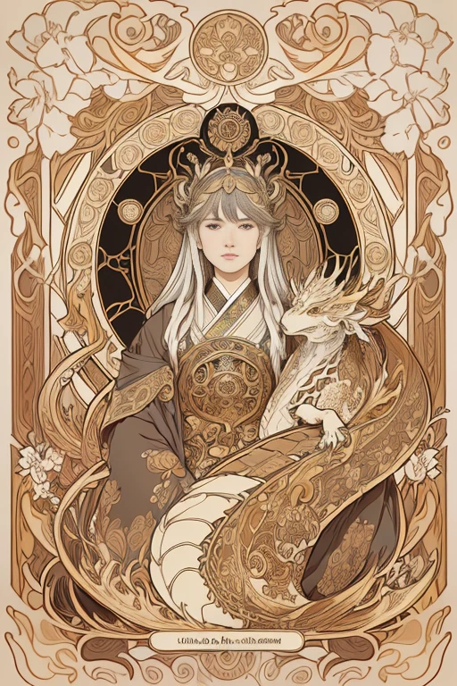 Portrait of a Japanese dragon dressed in gold , cabelos preto e longos、Floral frame, Decorative panel, Description Artistic, By Alphonse Mucha, (masutepiece, Best Quality, hight resolution:1.4), Detailed, Intricate details, 4K, color splashes, line-drawing, Fibonacci, Alphonse Mucha in the form of a tarot card