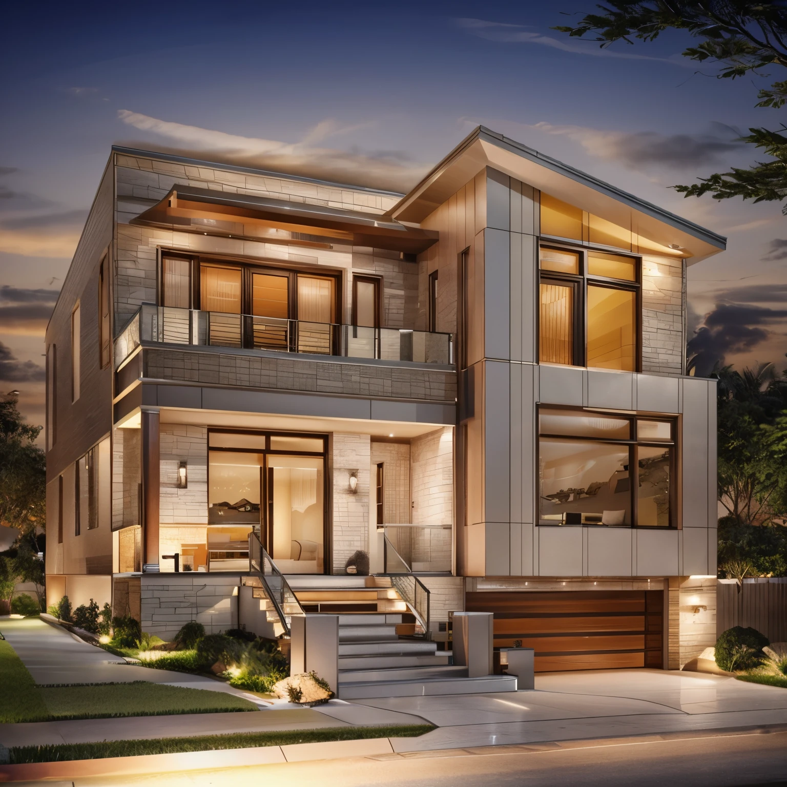 photo realistic,The modern villa exterior, evening,sharp details,sharp render,intricate details,insane detailed octane render,realistic,highly detailed,128k,award winning,masterpiece,