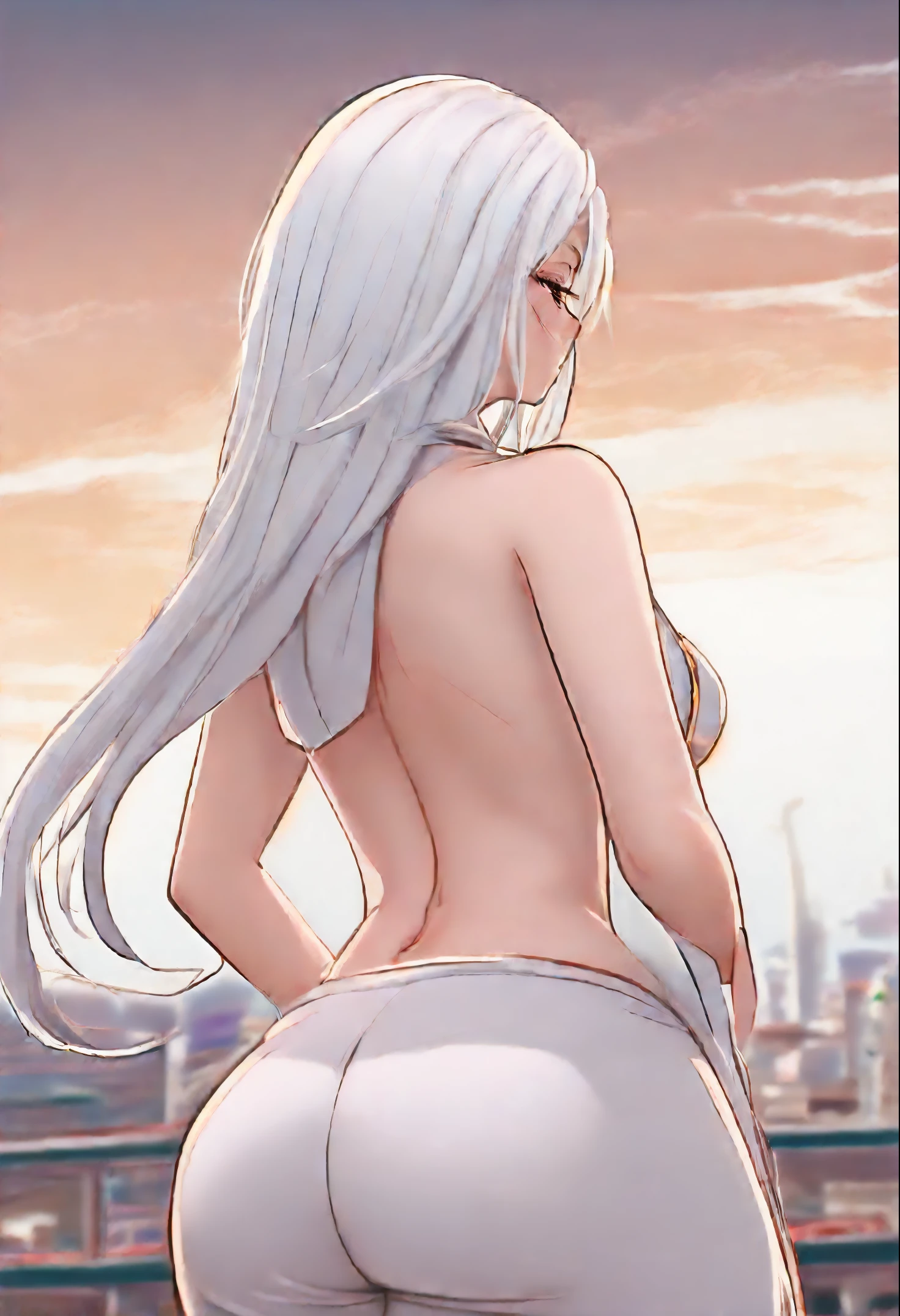 Nsfw anime. Hentai style. 35-40 years old woman. White hair. Big breast. Big ass. Back view. Standing and lean forward.