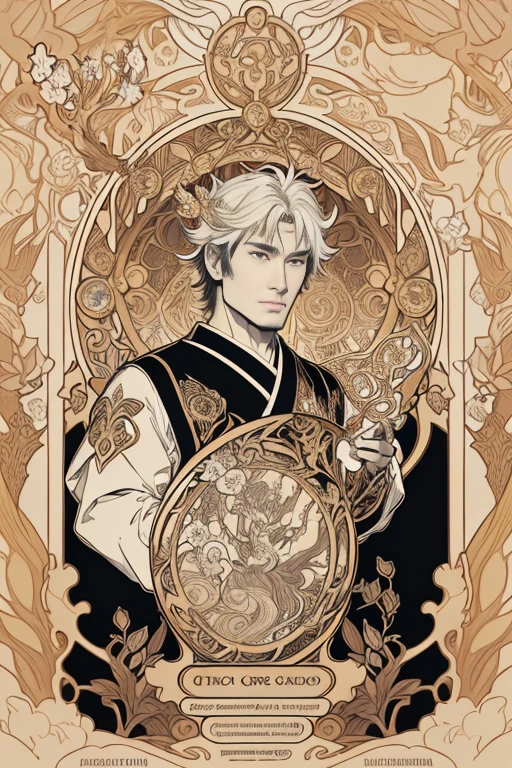 Portrait of a Japanese dragon dressed in gold , cabelos preto e longos、Floral frame, Decorative panel, Description Artistic, By Alphonse Mucha, (masutepiece, Best Quality, hight resolution:1.4), Detailed, Intricate details, 4K, color splashes, line-drawing, Fibonacci, Alphonse Mucha in the form of a tarot card