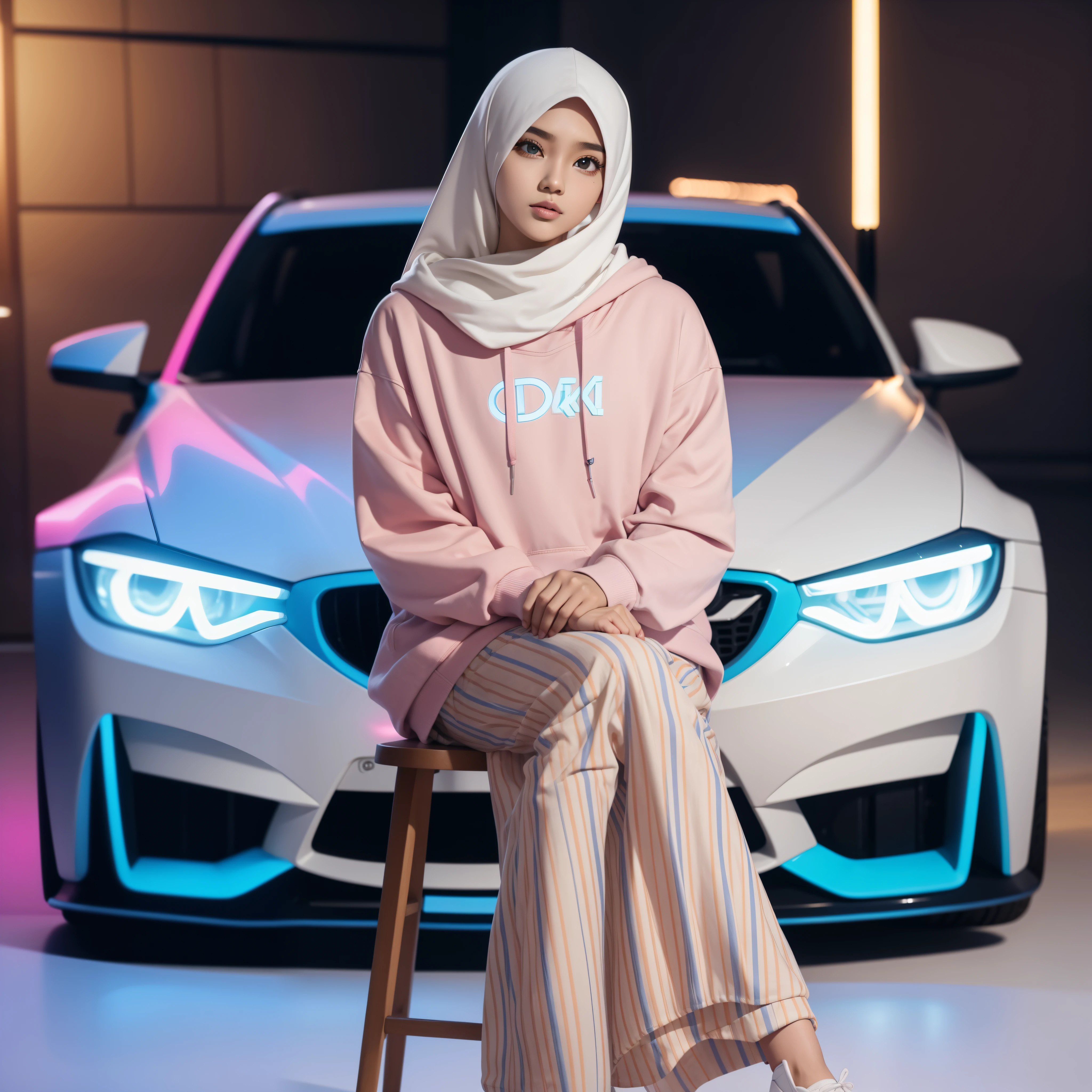Seorang remaja cantik berkulit putih Indonesia berhijab berwarna krem, hoodie berwarna pink, di hoodie tersebut terdapat tulisan nama Dwi dengan font putih keren. rok panjang berwarna krem ​​​​dan sepatu. dia duduk di kap mobil mewah biru putih yang dimodifikasi dengan lampu neon di bagian bawah dan lampu neon kaca. ekspresi tersenyum dan bergaya. Latar belakang gedung tinggi di malam hari. Ultra HD 8K berkualitas tinggi, terlihat nyata dan estetis.