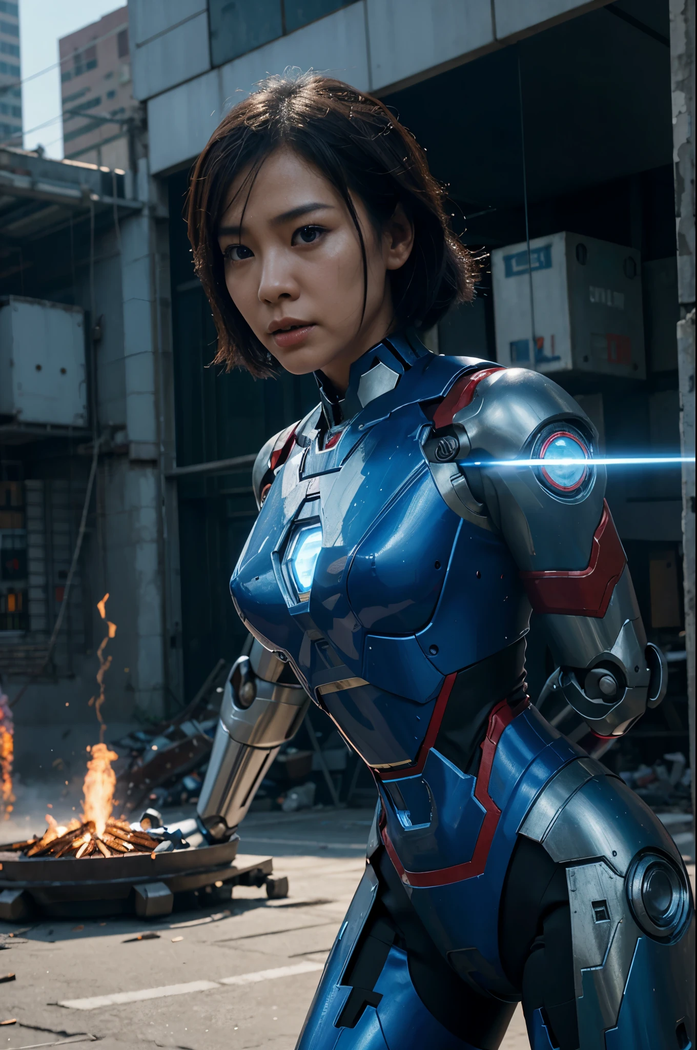 thai woman, mechanical robot, bob, fighting with Iron Man, with other robots until they fall to pieces, blue aura from body, movement of blue lines City background and ruined buildings Countless robots,realistic ,unreal engine 5,