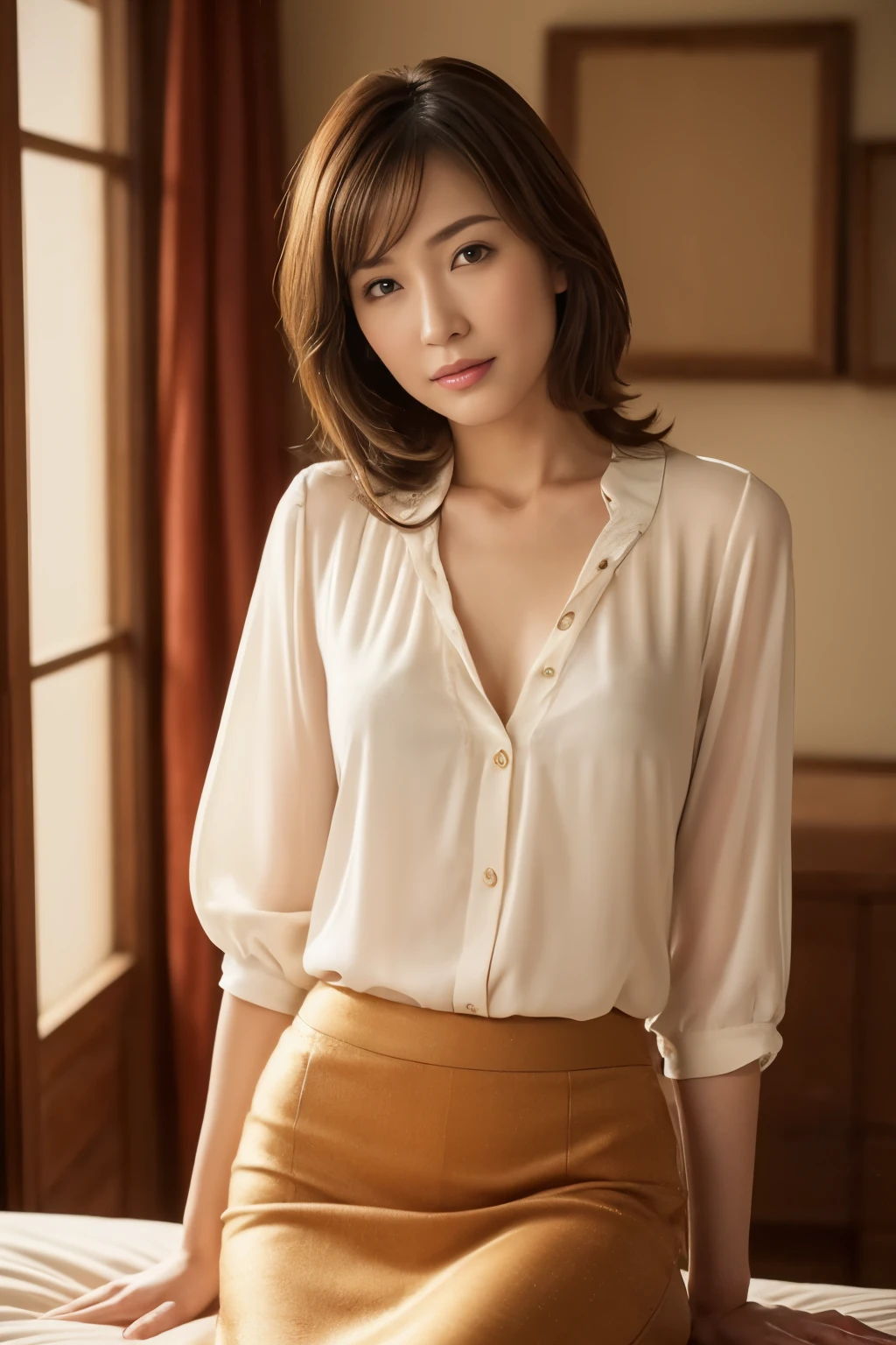 wearing a white shirt, Wearing a blouse, Wear a light shirt, white shirt, smooth translucent white skin, 美しいmature woman, See-through,mature woman,50 generation women,sexy,sitting in a chair,buckshot,red bra, red bra