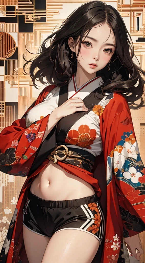 ((8k wallpaper of extremely detailed CG unit, masterpiece, hight resolution, top-quality, top-qualityのリアルテクスチャスキン)), (a very beautiful woman, Plump lips, The upper part of the body, Posing like a model:1.5, Japanese pattern blouson:1.2, Japanese pattern micro mini shorts:1.2), (A dark-haired, hair messy, de pele branca, small tit), ((Colorful background with geometric patterns, Japanese pattern background, warm color)), (hyper realisitic, digitial painting),