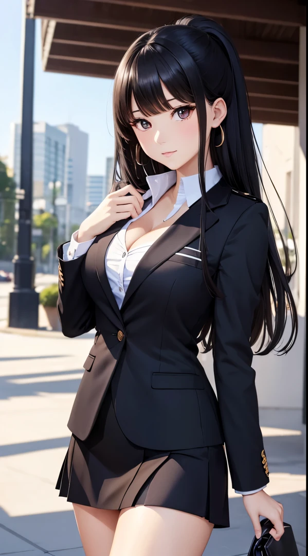 ((Best Quality)), ((masutepiece)), (Detailed), (highlight), Perfect face　Young girl with detailed face showing cleavage、Red eyes and long, thick, glossy, beautiful black hair with blunt bangs、Single-color background、Standing wearing school uniform with blazer and miniskirt、