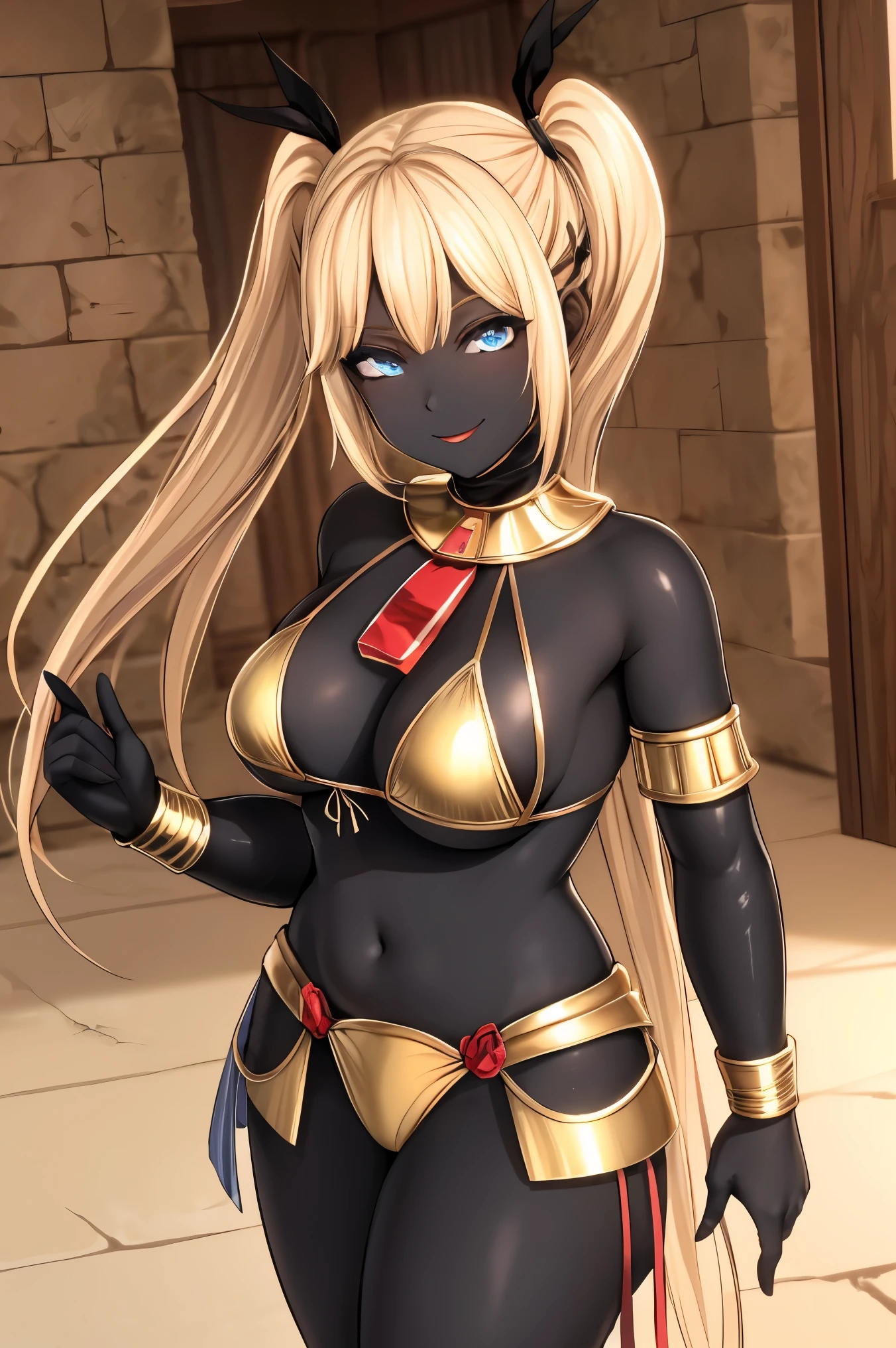 (colored skin), black skin, indoors, stone walls, egyptian, marie rose, blonde twintails, large breasts, bikini armor, smiling, looking at viewer