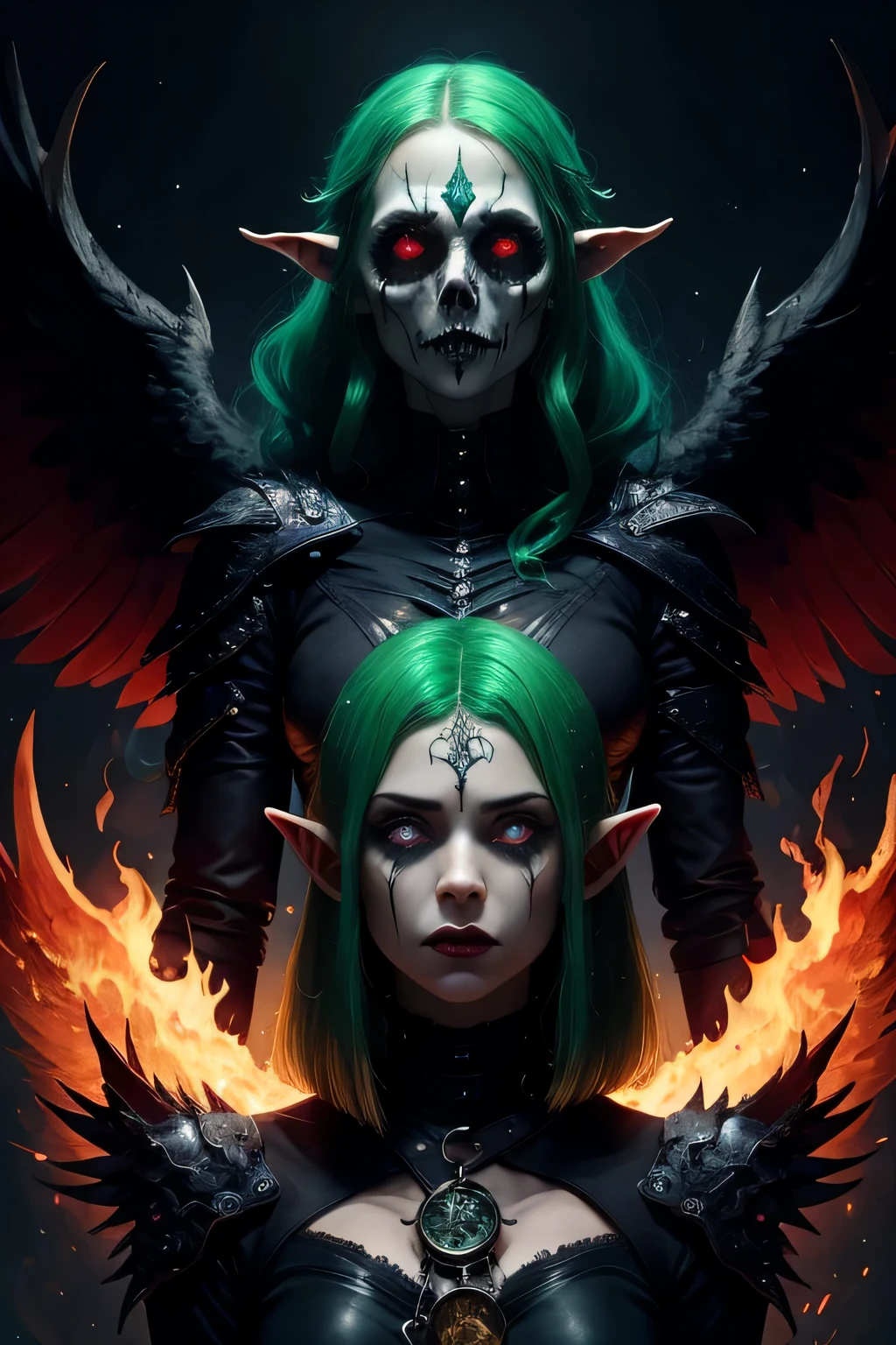 elf necromancer, aquamarine hair, Green glowing eyes. Very beautiful face. Behind her are the RED wings of a FIRE phoenix.............., mystical fire, the stars. Beautiful face of a young girl. Gothic Leather Necromancer Armor, black-green, Black pants, many details, Gloomy mood. Semi-fantastic realism. His expression is gloomy, Arrogant, aristocratic. portraite of a. properly proportioned, the golden ratio. a lot of details, necromancy, мистическое Gloomy mood, Lots of glowing elements. Horror. fantasy style.
