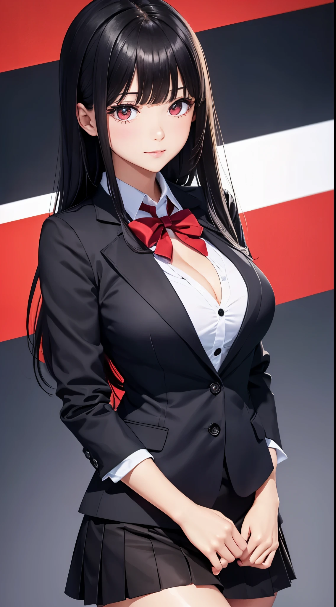 ((Best Quality)), ((masutepiece)), (Detailed), (highlight), Perfect face　Young girl with detailed face showing cleavage、Red eyes and long, thick, glossy, beautiful black hair with blunt bangs、Single-color background、Standing wearing school uniform with blazer and miniskirt、