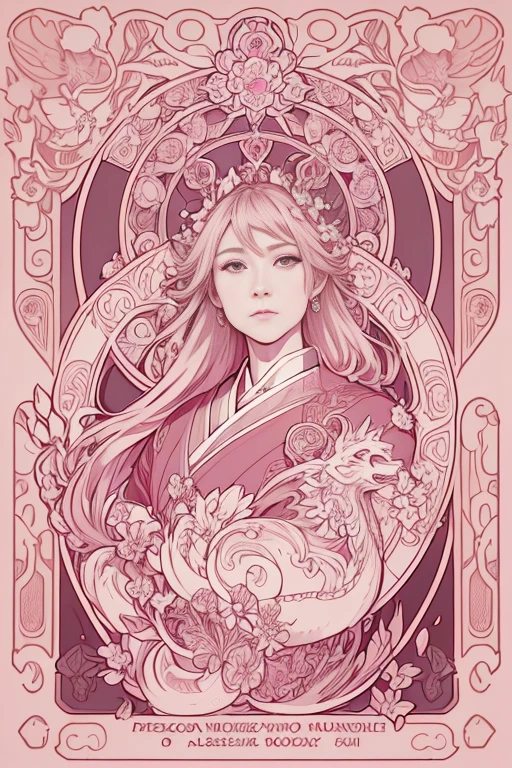 Portrait of a Japanese dragon dressed in pink , cabelos preto e longos、Floral frame, Decorative panel, Description Artistic, By Alphonse Mucha, (masutepiece, Best Quality, hight resolution:1.4), Detailed, Intricate details, 4K, color splashes, line-drawing, Fibonacci, Alphonse Mucha in the form of a tarot card