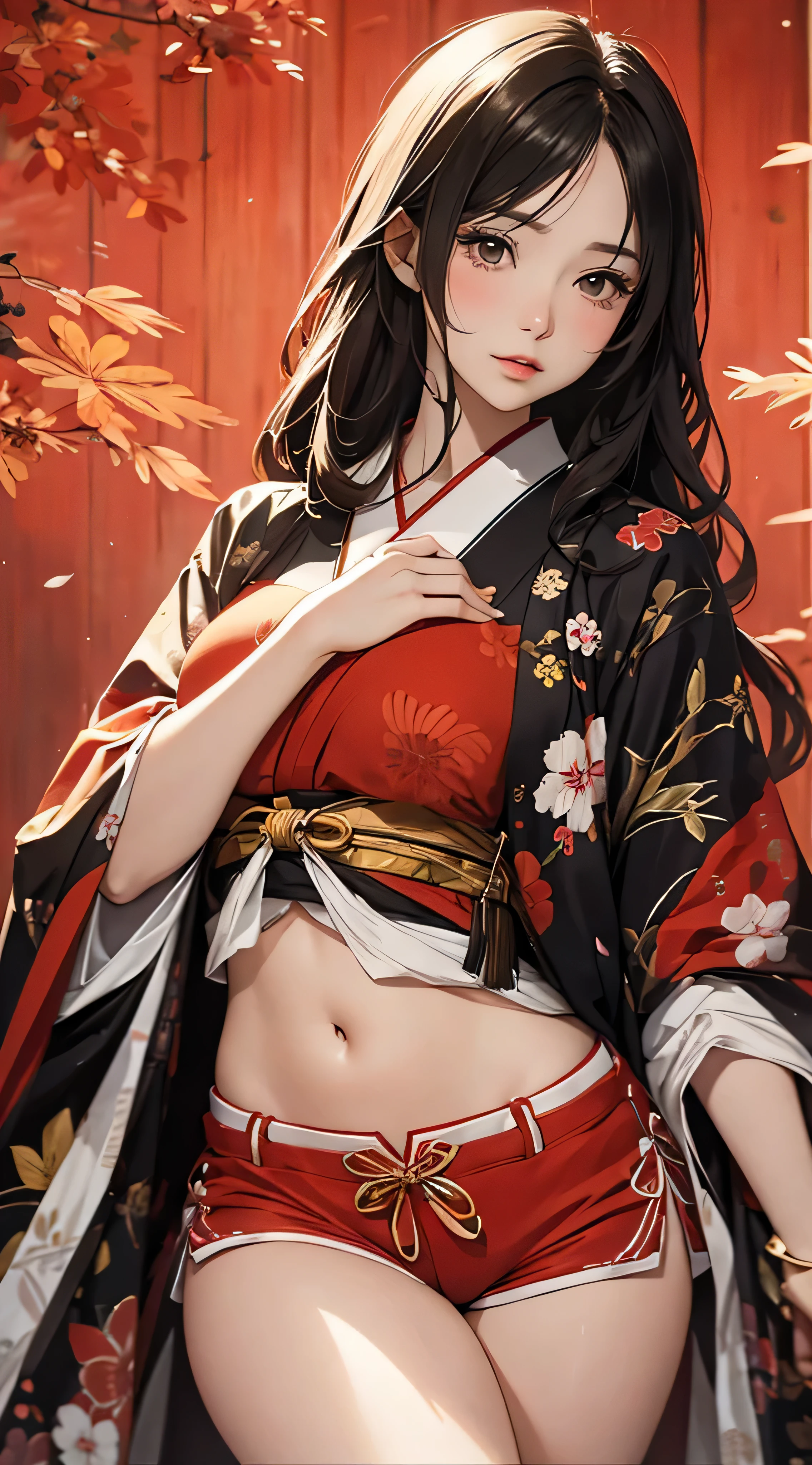 ((8k wallpaper of extremely detailed CG unit, masterpiece, hight resolution, top-quality, top-qualityのリアルテクスチャスキン)), (a very beautiful woman, Plump lips, The upper part of the body, Posing like a model:1.5, Japanese pattern blouson:1.2, Japanese pattern micro mini shorts:1.2), (A dark-haired, hair messy, de pele branca, small tit), ((Colorful background with geometric patterns, Japanese pattern background, warm color)), (hyper realisitic, digitial painting),