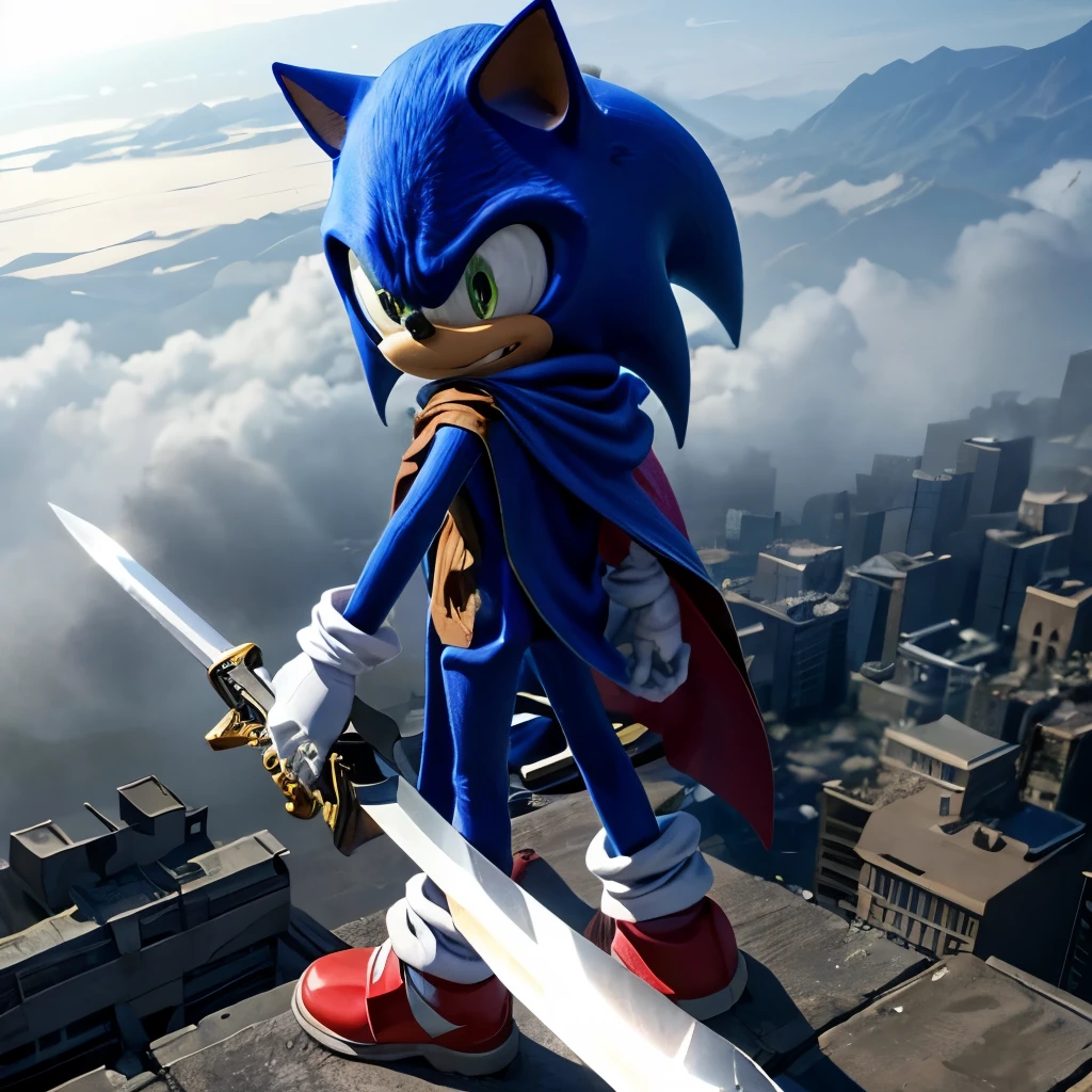 sonic。wearing a cloak。I'm looking at this for a moment。There is fog in the city。holds a sword。Just smiling a little。