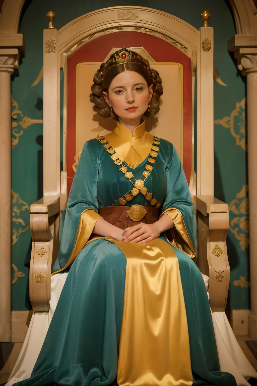 1141, Winchester, England. otherworldly scene in a medieval court, ((((38-year-old)) Empress Maud of England)))) in her throne, ((smug expression)), ((((gown from the 12th century)))), ((Hairstyle of the 12th century)), ((Wes Anderson cinematic style)), colorful
