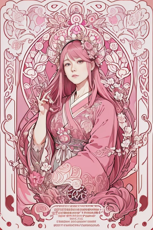 Portrait of a Japanese dragon dressed in pink , cabelos preto e longos、Floral frame, Decorative panel, Description Artistic, By Alphonse Mucha, (masutepiece, Best Quality, hight resolution:1.4), Detailed, Intricate details, 4K, color splashes, line-drawing, Fibonacci, Alphonse Mucha in the form of a tarot card