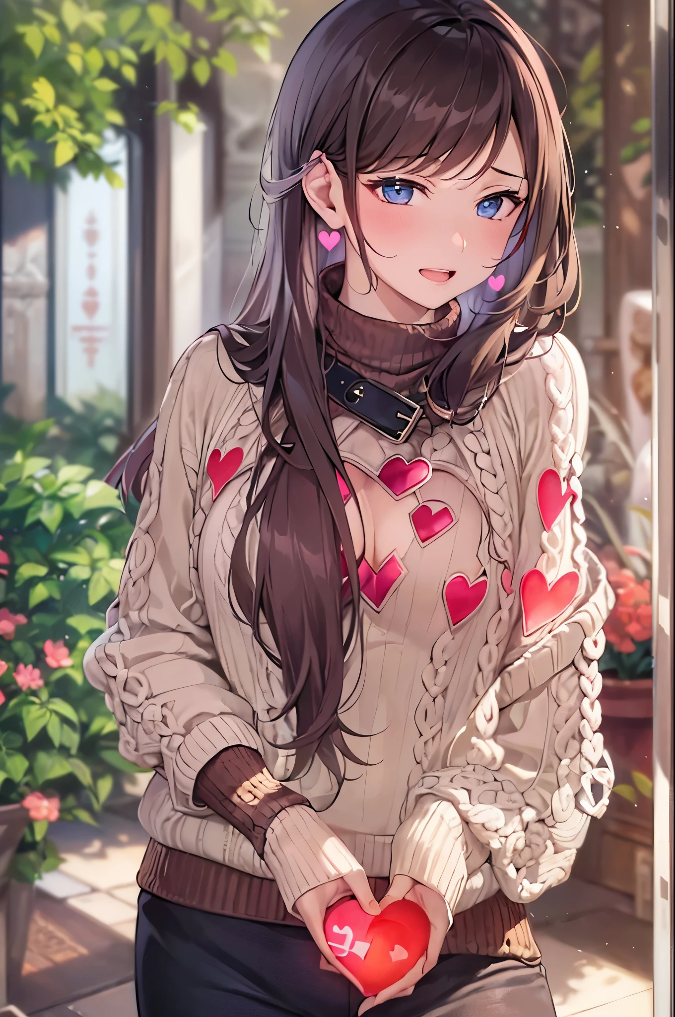 ((Finest quality)),(超A high resolution),(ultra-detailliert),(Meticulous portrayal),((Best CG)),(Finest works of art),Ultra-Precision Art,The art of astounding depiction,Art with precise depiction in every detail:1.5, (1人の女性:1.5),((Sweater with a heart-shaped cutout on the chest:1.5)),cleavage of the breast:1.5,A slight smil:1.3,