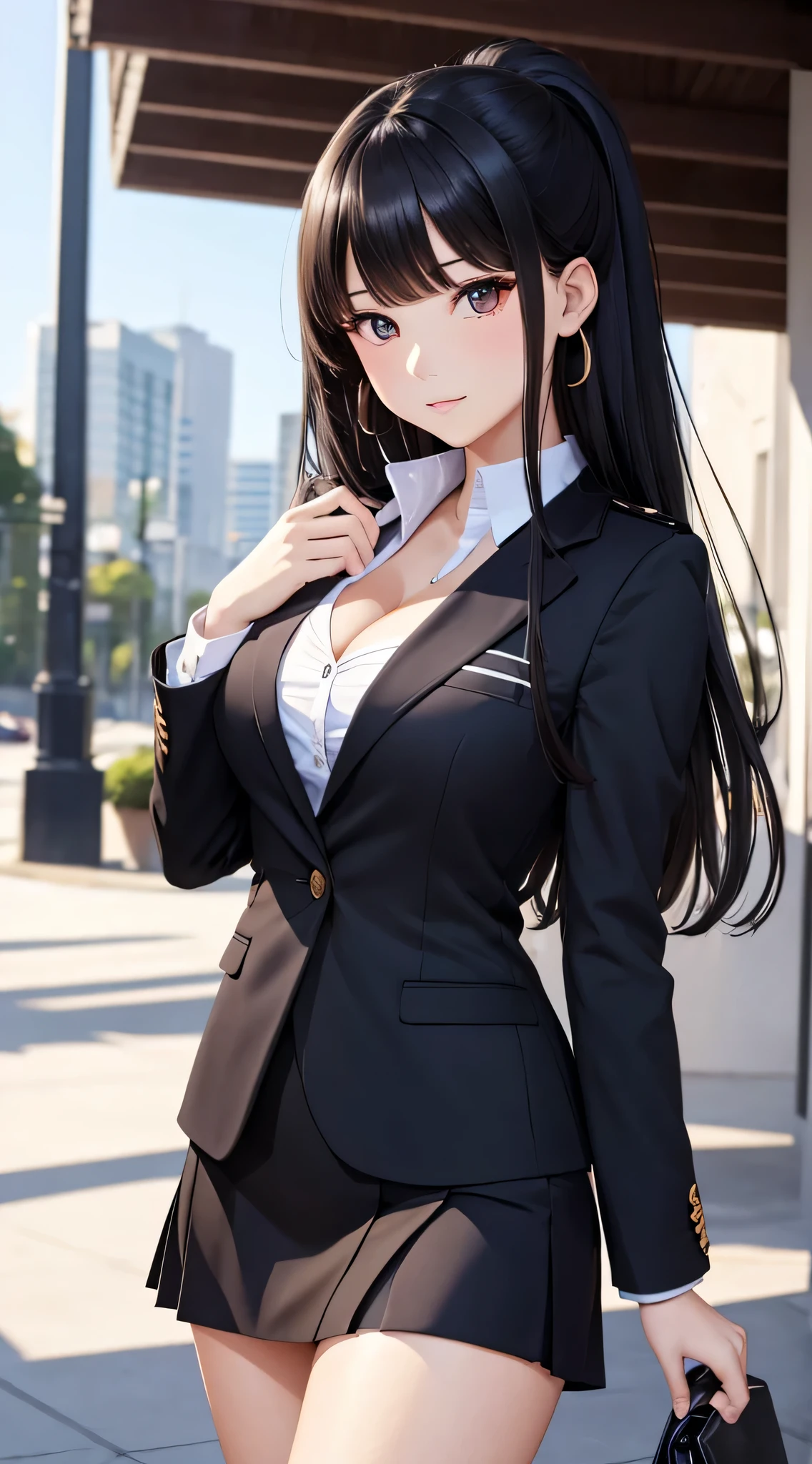 ((Best Quality)), ((masutepiece)), (Detailed), (Highlight), Perfect face　Young girl with detailed face showing cleavage、red and long eyes, Thick, Glossy, Beautiful black hair with blunt bangs、Single-color background、Standing wearing school uniform of blazer and miniskirt。、