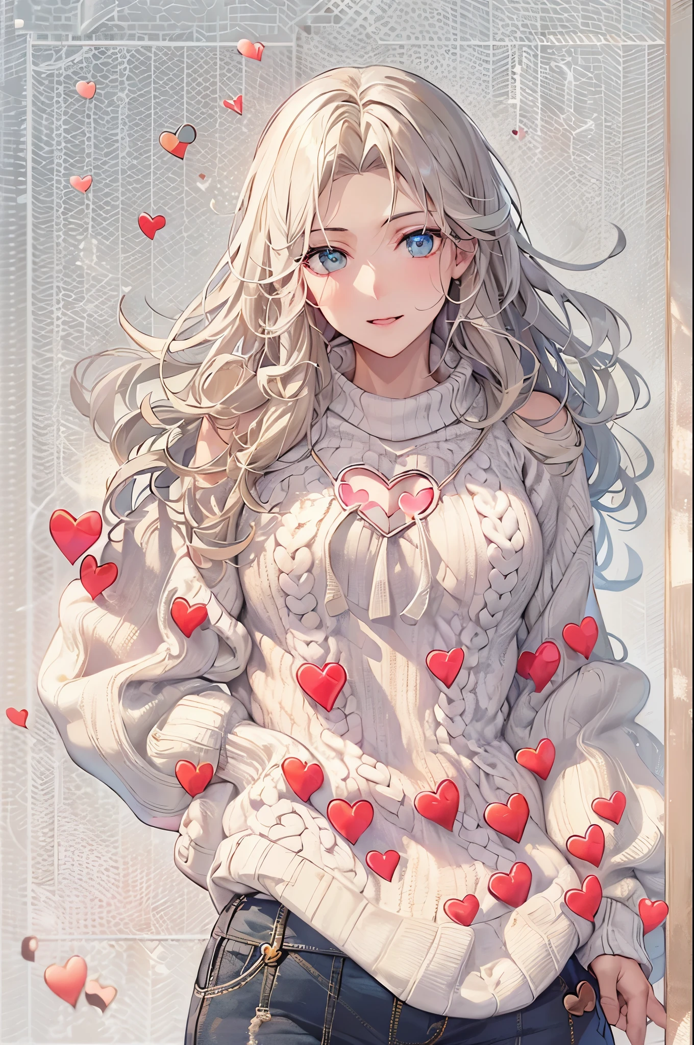 ((Finest quality)),(超A high resolution),(ultra-detailliert),(Meticulous portrayal),((Best CG)),(Finest works of art),Ultra-Precision Art,The art of astounding depiction,Art with precise depiction in every detail:1.5, (1人の女性:1.5),((Sweater with a heart-shaped cutout on the chest:1.5)),cleavage of the breast:1.5,A slight smil:1.3,