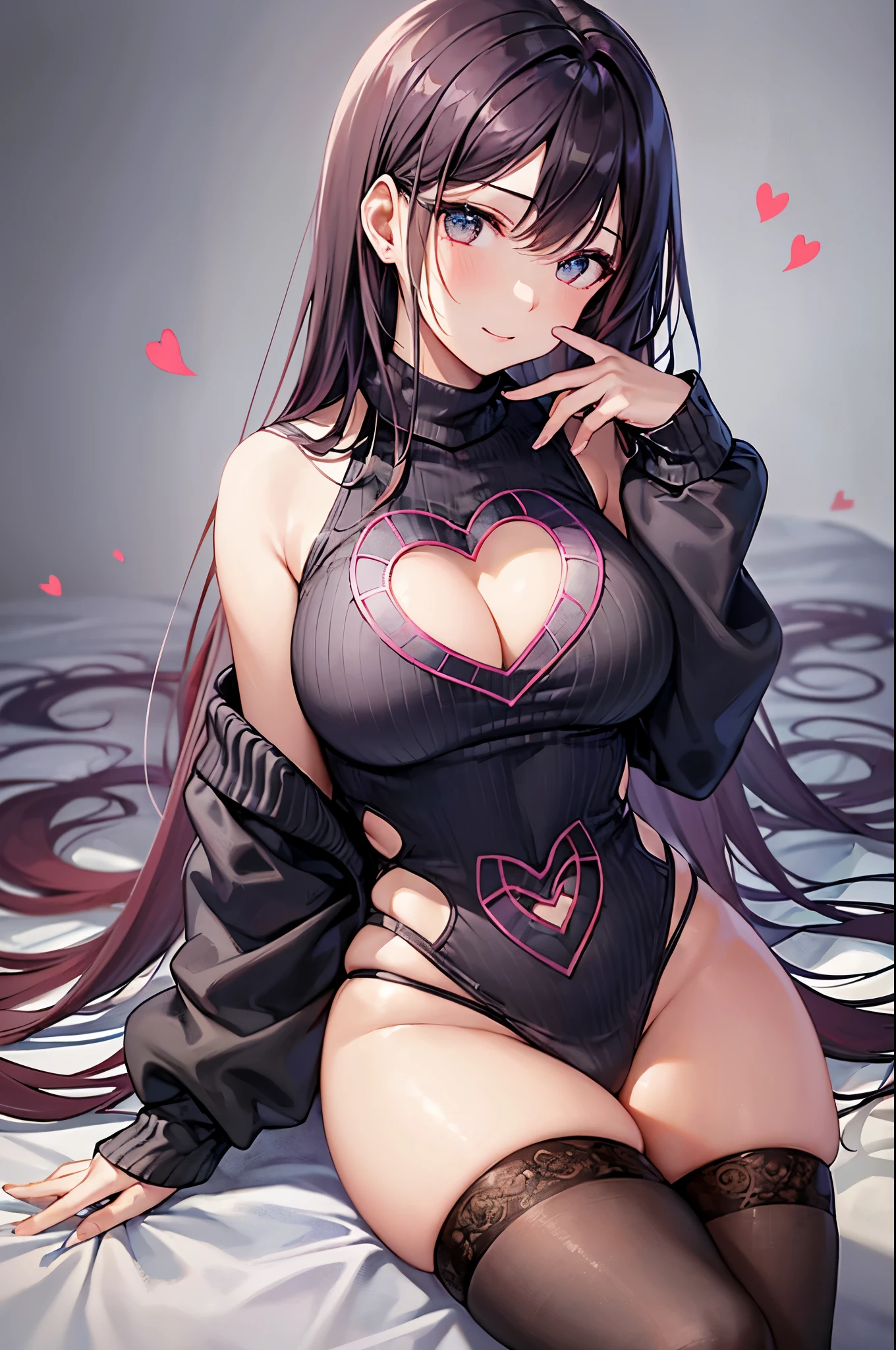 ((Finest quality)),(超A high resolution),(ultra-detailliert),(Meticulous portrayal),((Best CG)),(Finest works of art),Ultra-Precision Art,The art of astounding depiction,Art with precise depiction in every detail:1.5, (1人の女性:1.5),((Sweater with a heart-shaped cutout on the chest:1.5)),cleavage of the breast:1.5,A slight smil:1.3,