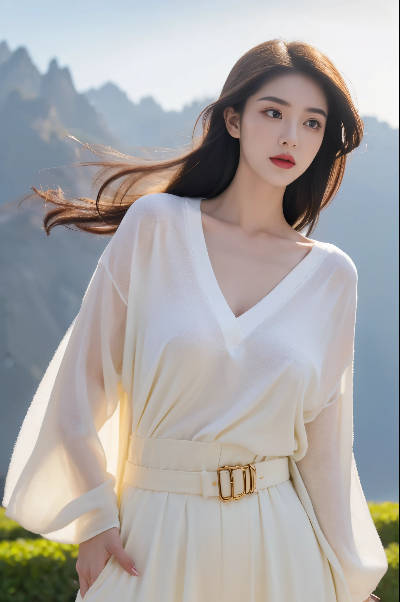 (Best quality,tall house:1.2),(The strongest CG),(Very detailed faces)hyper-detailing,Photo degree:1.37,in a panoramic view,In the depths of Wonderland,The moonlight falls like water,misty room,A heroine figure is vaguely visible,It's like a fairy in a painting,big breasts beautiful而又带着一丝mistic的色彩。
Her face is beautiful and refined,Like finely crafted jade,Revealing an otherworldly beauty。The eyebrows are picturesque,Long eyebrows into sideburns,The waves in my eyes seemed to be twinkling with stars,Revealing the light of perseverance and wisdom。The bridge of the nose is straight,Lip color like cherry,The slightly raised corners of the mouth reveal confidence and calmness。Her face is well defined,The skin is as fair as jade,Reveal a healthy glow,Like a fairy who doesn't eat fireworks from the world。
Her makeup is light and delicate,There is no excessive embellishment,But it is enough to show her temperament and charm。The light foundation brings out the transparency of her skin,A light eyebrow pencil outlines her perfect eyebrow shape,Eye makeup is eye shadow and eyeliner,Make her eyes brighter and more energetic。Lips are painted with elegant lipstick,Adds a bit of charm and delicacy。
Her clothes are elegant and chic,Wearing white clothes beats the snow,The clothes are fluttering,It seems like it will blow up with the wind at any time,drifting into the distance。The clothes are embroidered with exquisite patterns,既不失ellegance,It also demonstrated her extraordinary skills。A wide belt is tied around the waist,There is a crystal clear jade pendant hanging on it,Swaying with her movements。Her hair is tied back casually,Secure it with a hosta,A few strands of hair blow gently in the wind,Adds a bit of softness。
Her figure is looming in the fairyland,宛如一道big breasts beautiful的风景线,Attracting everyone's attention。She seems to be an elf in fairyland,big breasts beautiful、ellegance、mistic、And full of power。
