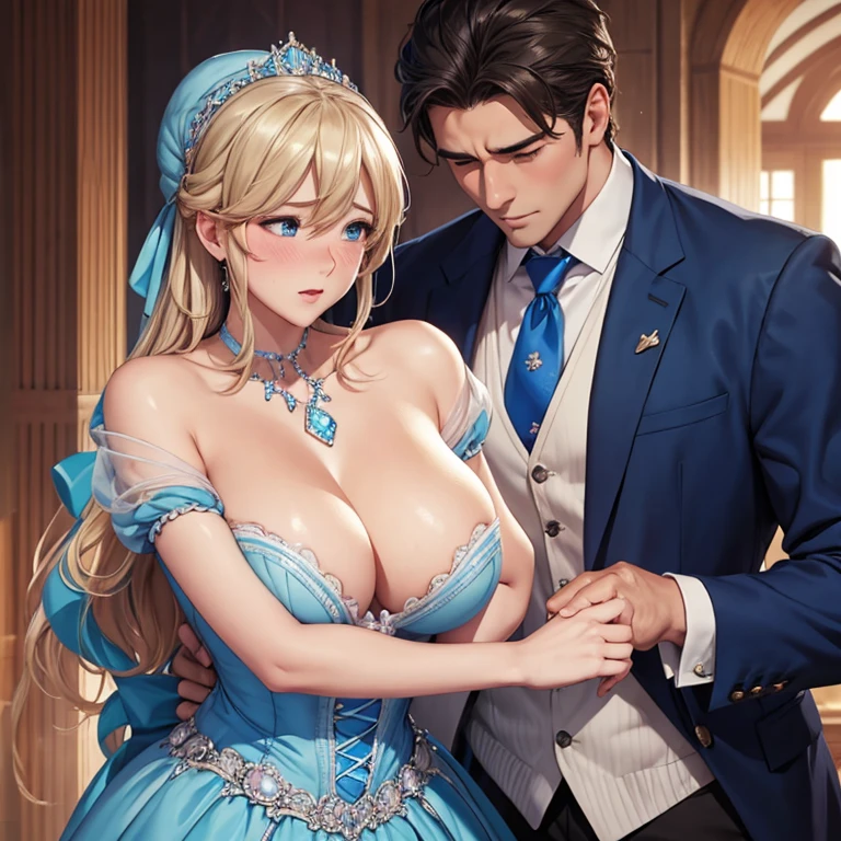 Embarrassed, blushing Cinderella in a dress shows her soft tits to a man, Shy, handsome embarrassed man stands in front of her and touches and caresses her soft tits