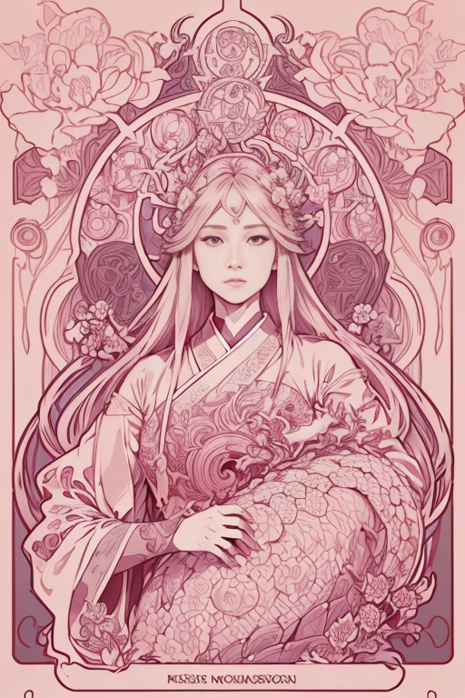 Portrait of a Japanese dragon dressed in pink , cabelos preto e longos、Floral frame, Decorative panel, Description Artistic, By Alphonse Mucha, (masutepiece, Best Quality, hight resolution:1.4), Detailed, Intricate details, 4K, color splashes, line-drawing, Fibonacci, Alphonse Mucha in the form of a tarot card