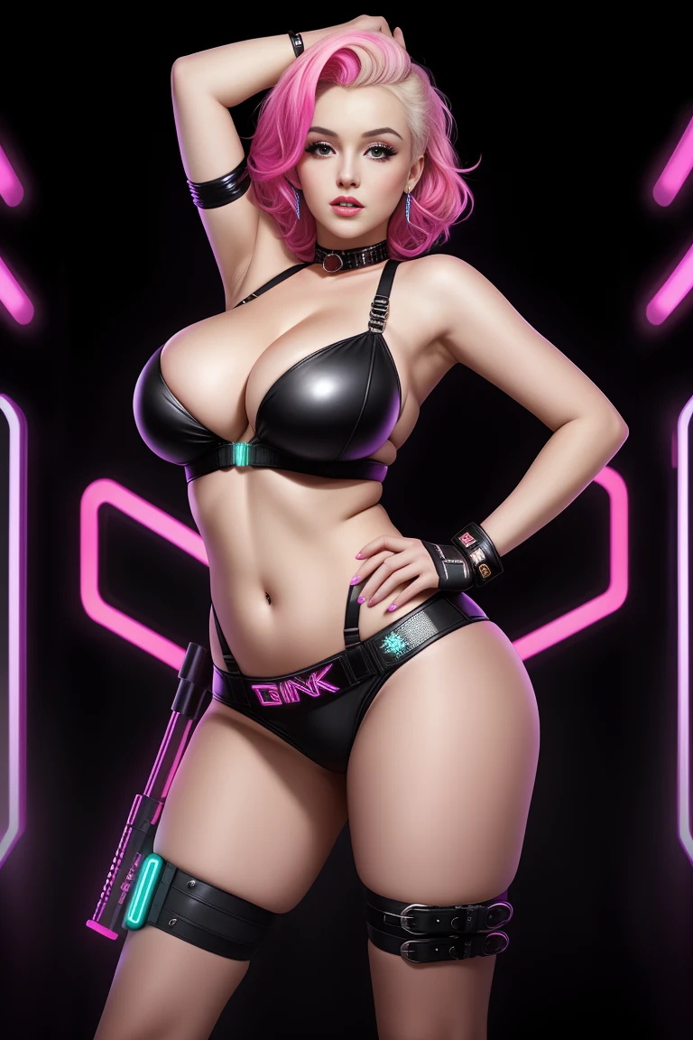 there  Marilyn Monroe standing, bright neon hair, 3 d neon art of a womans body, neon-noir background, cyberpunk femme fatale, seductive cyberpunk dark fantasy, cyberpunk strip clubs, cyberpunk 20 y. o model girl, oppai cyberpunk, banner, high definition cgsociety, cgsociety masterpiece, trending on cgstation, kda, random hair, looking at camera, gigantic breasts, cleavage, (high detailed skin:1.2), 8k uhd, dslr, super lighting, high quality, film grain, high res, highly detailed, hyper realistic, beautiful face, beautiful body, beautiful eyes nose lips, alluring expression, very bold, upper boobs visible, full body photo, standing legs apart, pale translucent glowing skin, most beautiful face, cute, (well defined pubic hair:1.2)), (dark plain black background:1.4))