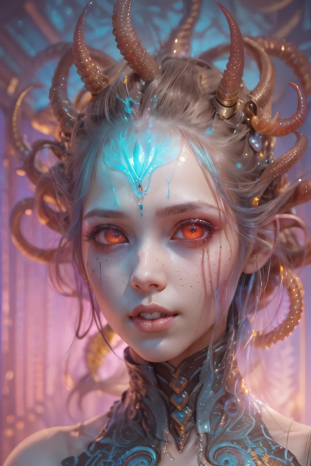 Portrait, (beautiful female alien:1.2), (There is a female genital-like organ in the middle of the forehead.:1.8), (The most beautiful face in the history of the universe:1.2), (Glowing scarlet eyes:1.6), (Translucent pale skin:1.8), an evil gaze that seduces , (red eyes:1.5), Full body like, (Sexypose:1.5), alien, No humans, cells are fused, (Lots of translucent Blue tentacles:1.1), extraterrestrial, cell, bio image, (zenTangle, mandalas, Tangle, enTangle:0.98),(Fractal Art:0.9)(fluttered detailed color splashes:1.1),(marbling:1.1), (Vulgarity:1.15), (Sexy:1.4), sweet breath, a sultry, ((Ecstasy:1.6)), Best Quality, 8K,4K_quality, High Definition, Dramatic Lighting, masutepiece:1.5,cinematic quality, detail up, (Intricate details:1.2), High resolution, High Definition, drawing faithfully, (Thick eyebrows:1.2), Beautiful eyes with fine symmetry, (Highly detailed face and eyes:1.2), (High-resolution red-eye:1.4), Intimate face, (Super detailed skin quality feeling:1.4), Perfect Anatomy, (Beautiful toned body:1.5), (Moist skin:1.2), No makeup, (dark circles:1.1), long canines, cinematic drawing of characters, ultra high quality model, cinematic quality, detail up, (Intricate details:1.2), High resolution, High Definition, drawing faithfully, Official art, Unity 8K wall , 8K Portrait, Best Quality, Very High resolution, ultra detailed artistic photography, midnight aura, unreal enginee 5, Ultra Sharp Focus, art by alberto seveso, ArtGerm, Roisch, intricate artwork, Medusa, best quality, masutepiece, ultra High resolution, (photos realistic:1.4), Ultra-realistic realism, dream-like, nautilus, Creation of fantasy, Snail, Dream Snail, (biopunk nautilus:1.4), Thrilling color schemes, Ultra-realistic realism, seductively smiling, Blue tentacles