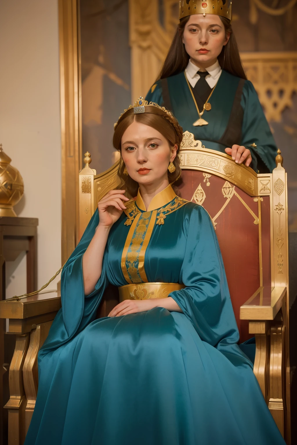 1141, Winchester, England. otherworldly scene in a medieval court, ((((38-year-old)) Empress Maud of England)))) in her throne, ((smug expression)), ((((gown from the 12th century)))), ((Hairstyle of the 12th century)), ((Wes Anderson cinematic style)), colorful